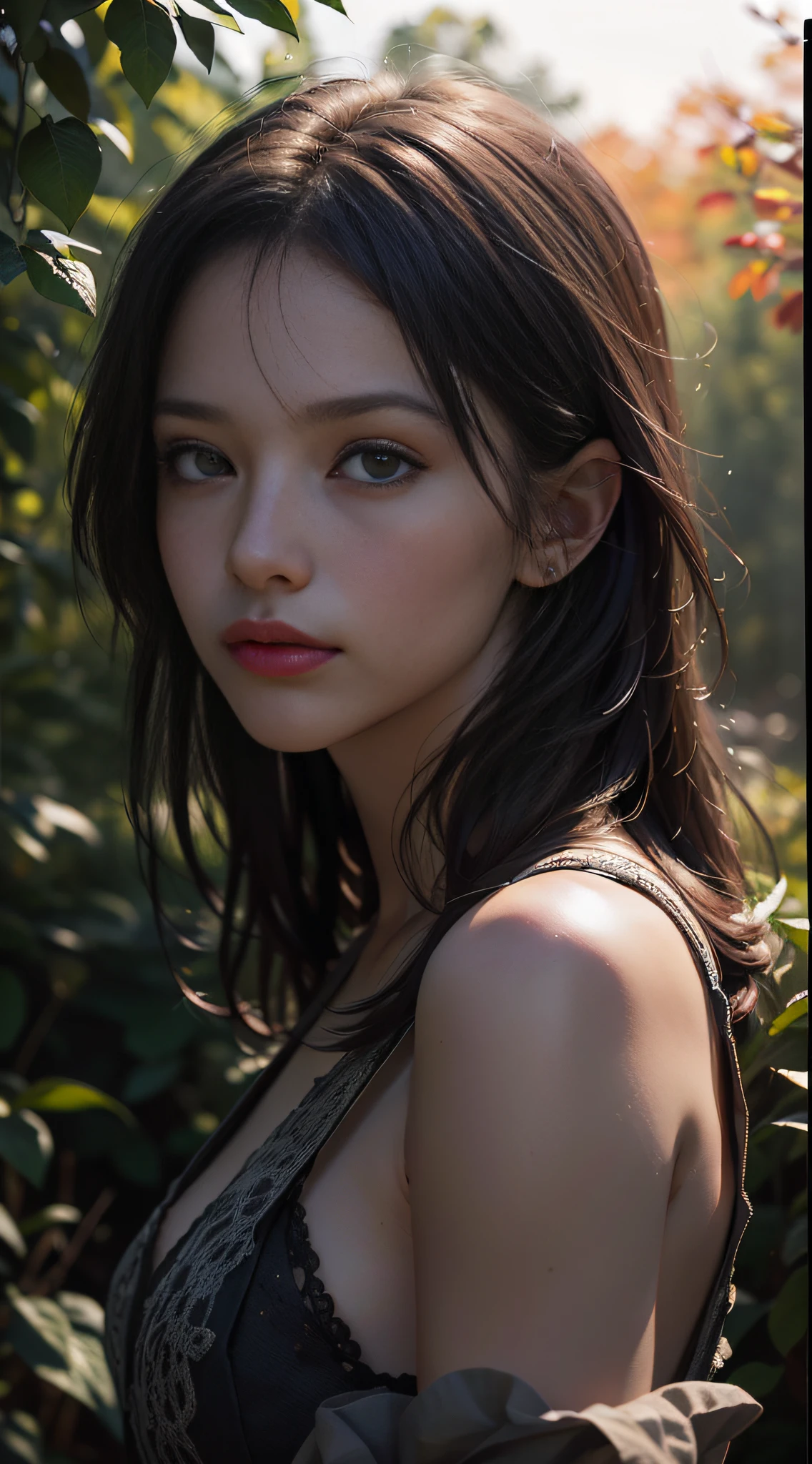 (film photo:1.3) 中的 (Realistic portrait:1.3) A 25-year-old European woman in a village,the night,Dark fairytale beautiful dense autumn forest,deep dark background,16K HD,low angle shot,24mm lens,((Sharp focus:1.5)),((Depth of sharpness:1.5)),(Photorealistic:1.5),(Skin texture:1),Cinematic texture,ultra - detailed,highly-detailing
