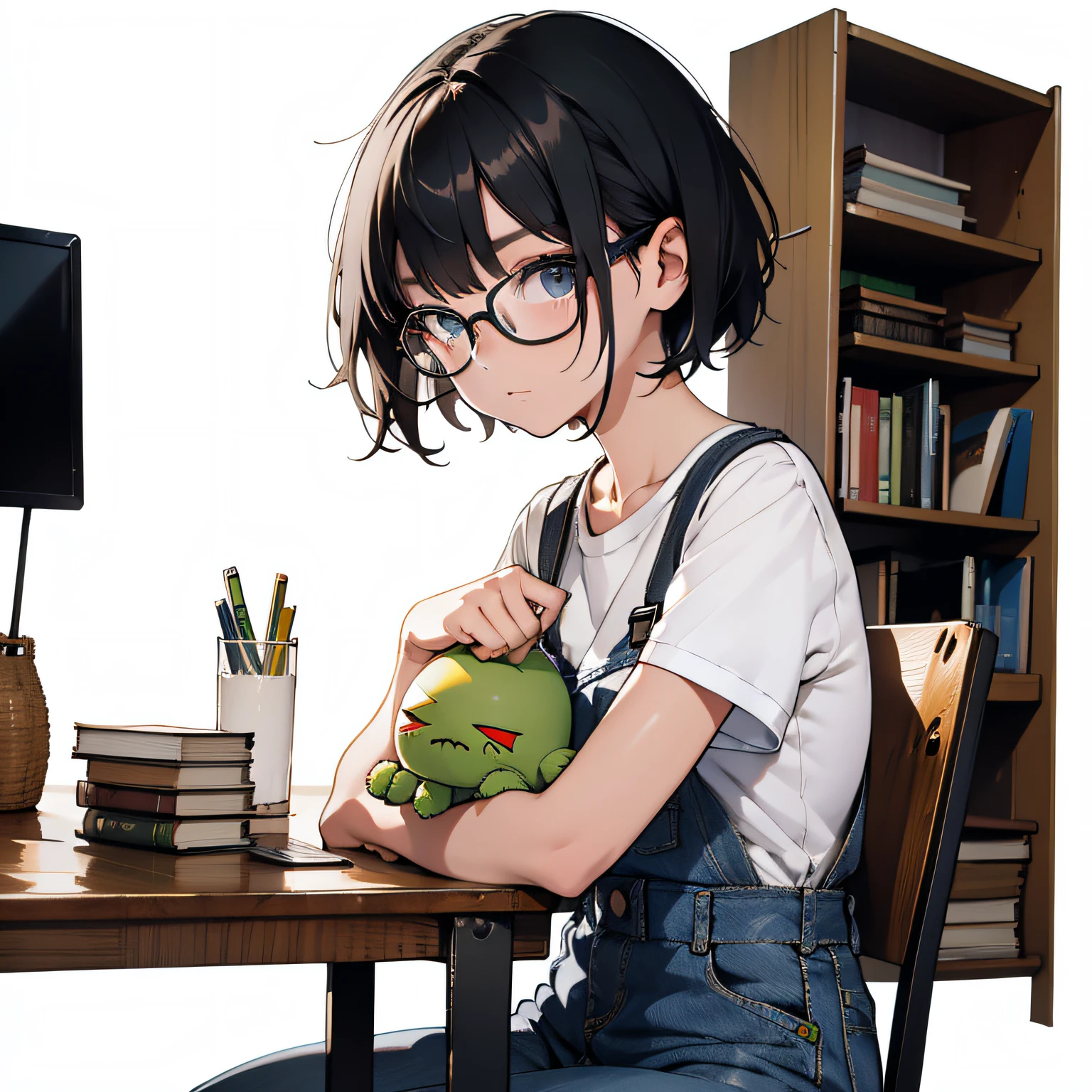 A girl with short hair with glasses，Holding a green doll with three eyes in his arms，Wearing a white T-shirt，Denim suspenders，Sit behind a table，There were books on the table，with a pure white background，A high resolution，Hand drawn visuals， --v6