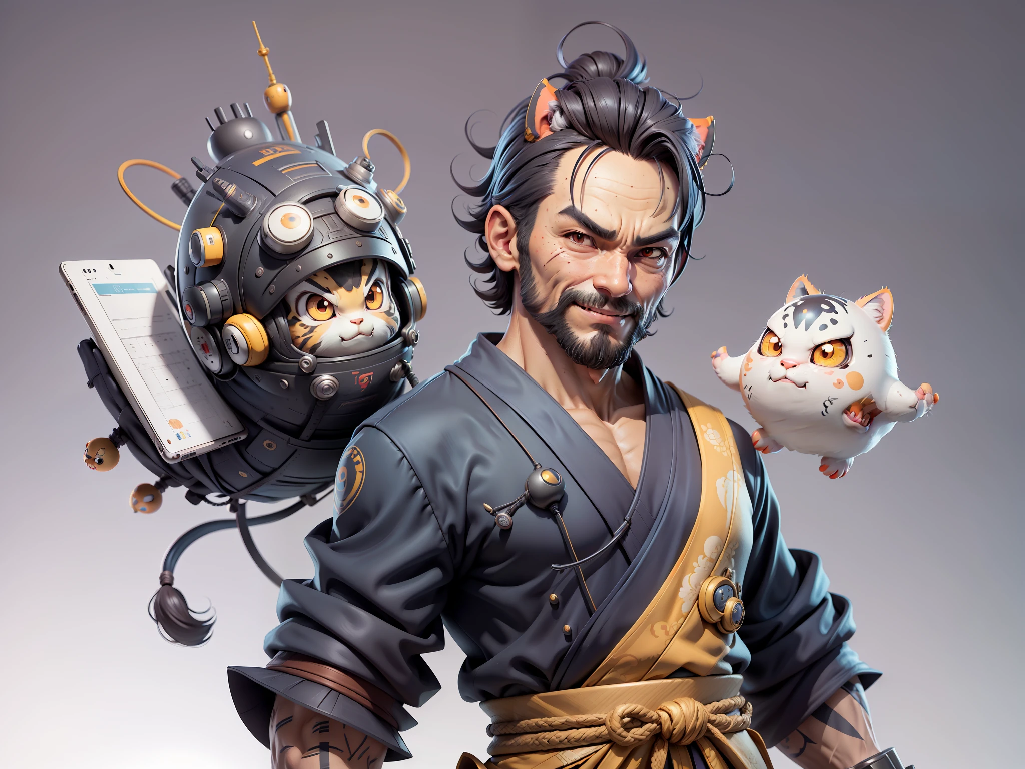 (Daisaku),(Need),(Super meticulous),(full bodyesbian:1.2),Super young man with Japanese geisha，Beautiful，orient，one tiger，Aeolian Thor，Raised sexy，爆乳，Oriental face，TV Anchor，Bust portrait illustration，In black suit，a blue tie，The face is slightly chubby，The face was clean，without a beard，Black super short hair，Black eyes，Smile confidently，3C computer sub-products，iPad， iphone，Digital painting，3D character design by Mark Clairen and Pixar and Hayao Miyazaki and Akira Toriyama，The illustration is a high-definition illustration in 4K resolution，With very detailed facial features and cartoon-style visuals。