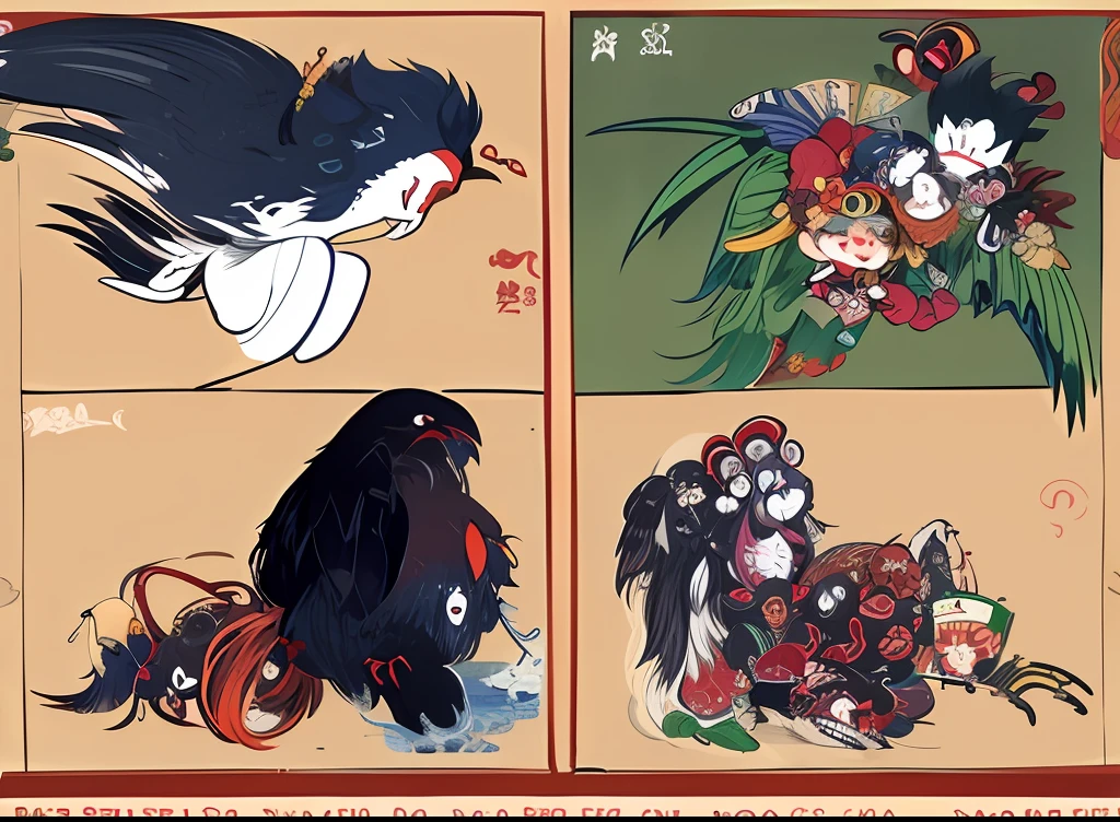 4 types of yokai、ghosts、Raven Tengu、Mountain Grandma、Fly fly、Yokai Painting、Ukiyo-e style art illustration by Hokusai