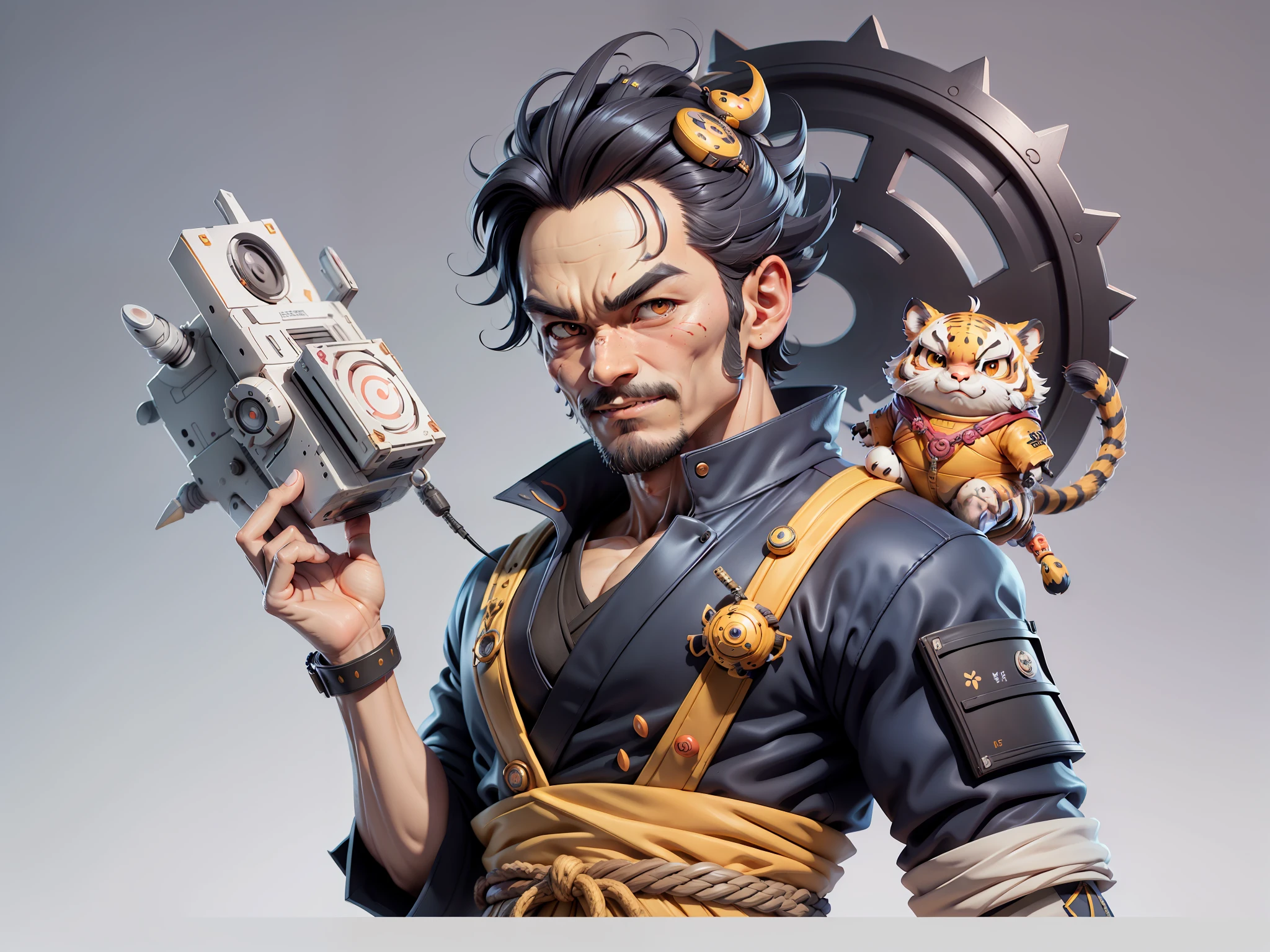 (Daisaku),(Need),(Super meticulous),(full bodyesbian:1.2),Super young man with Japanese geisha，Beautiful，orient，one tiger，Aeolian Thor，Raised sexy，爆乳，Oriental face，TV Anchor，Bust portrait illustration，In black suit，a blue tie，The face is slightly chubby，The face was clean，without a beard，Black super short hair，Black eyes，Smile confidently，3C computer sub-products，iPad， iphone，Digital painting，3D character design by Mark Clairen and Pixar and Hayao Miyazaki and Akira Toriyama，The illustration is a high-definition illustration in 4K resolution，With very detailed facial features and cartoon-style visuals。