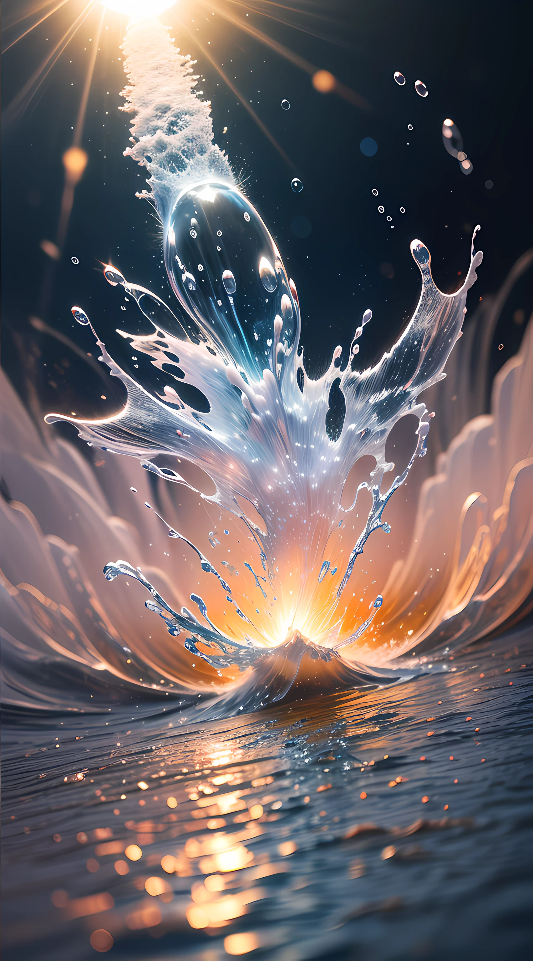 (( Transparent water flow fluid)),(((Masterpiece))), (((Best quality))), ((super ultra detail)),((An extremely delicate)),sun light，Splashing water，glittering，snowflake，（Tyndall effect）