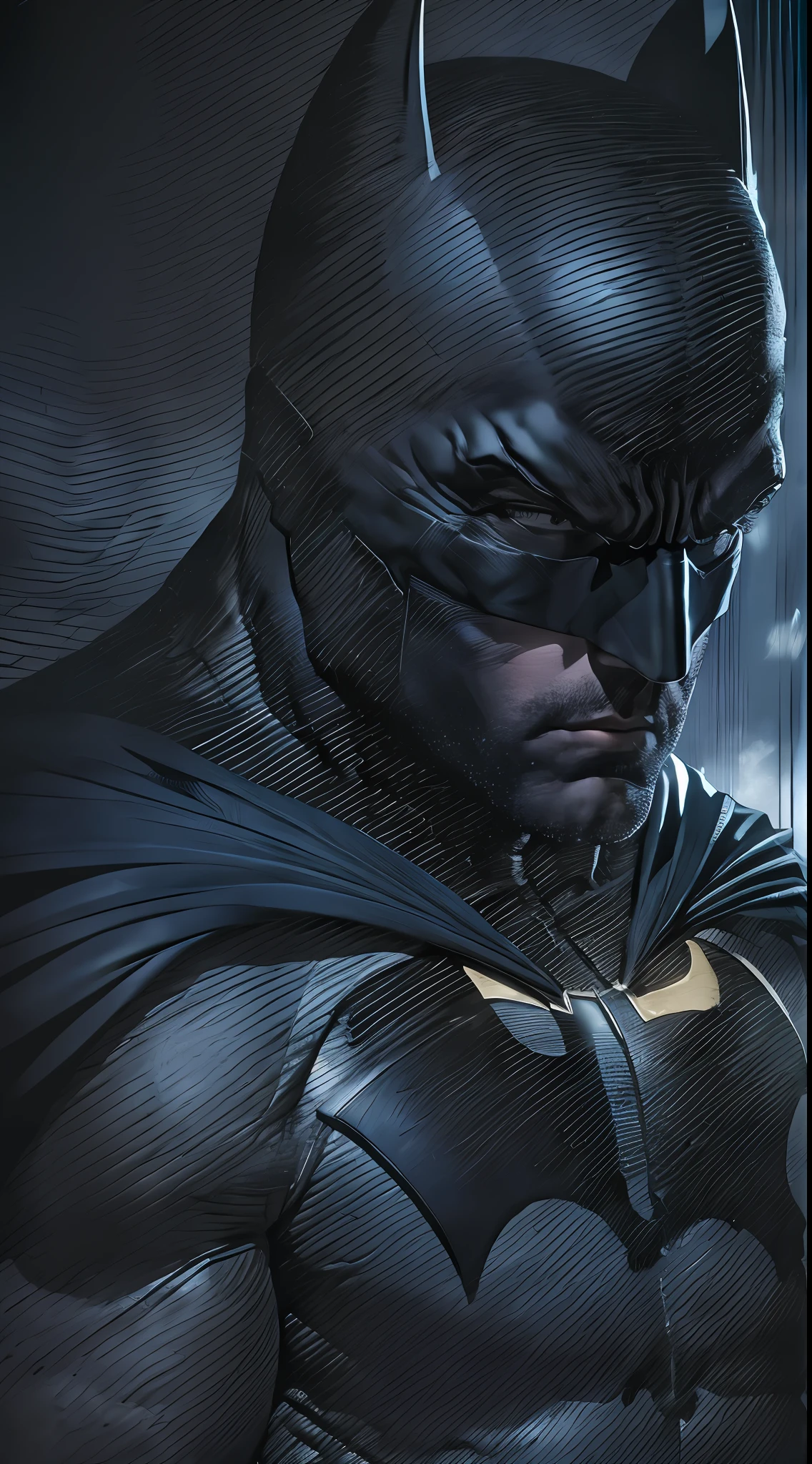 1 man, solo, upper body shot of Ben Affleck as Batman, tall, hunk, muscular, bulk, wide shoulder, realistic, dark grey mask, dark dirty grey suit, dark grey arms, black gloves, best quality, masterpiece, high resolution:1.2, black cape, high detailed mask, high detailed suit, high detailed face, award winning, night time, a dark cave in the background, indoors, 4k, wallpaper