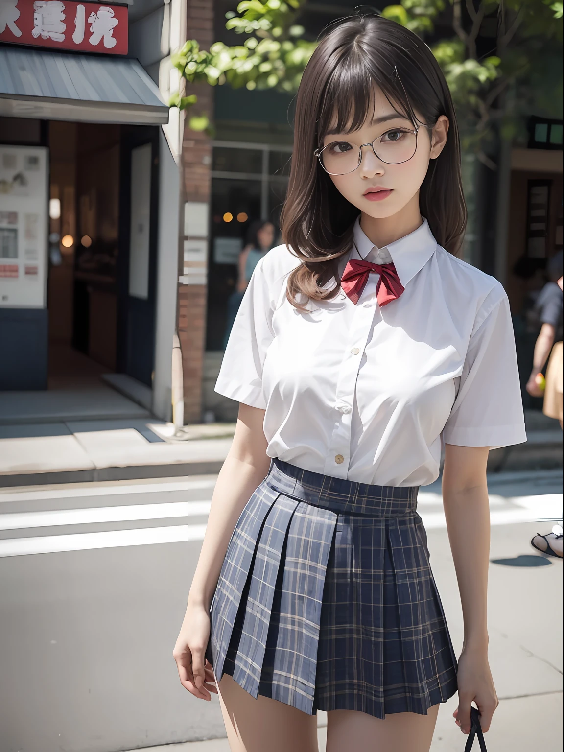 (8K、Raw photography、top-quality、masterpiece:1.2),absurderes,a small face,small tits,flat breast,Parting the bangs from the middle、Forehead visible,(Tight eyes,Bullish,skinny,Rasping,irate)、masterpiece,top-quality、超A high resolution,Raw photo,ren,Beautiful fece,One Person, 独奏,eye glass,,Dark look,Small breasts,fullllbody,Round glasses、cute little、A Japanese Lady,is standing,(Tight eyes,Bullish,skinny,Rasping,irate,small tits,flat breast)、(Photorealsitic:1.37)、Photon mapping,Light blue ribbon,Realistic、Cute little face,Brown-eyed、Black socks、(Red bow tie)、Radio City、Physically Based Rendering、Foreground、depth of fields、Blurry background、a picture,The girls、Body, Long legs, Thin leg,Semi-long,(Bangs are visible), hair, s lips, Blue_The eye, nosesoft,White shirt, Navy blue and white plaid pleated skirt, Knees are visible,Sheer clothing,, Thigh, Black cotton socks,Nogizaka Idol, 女優, Japanese ido