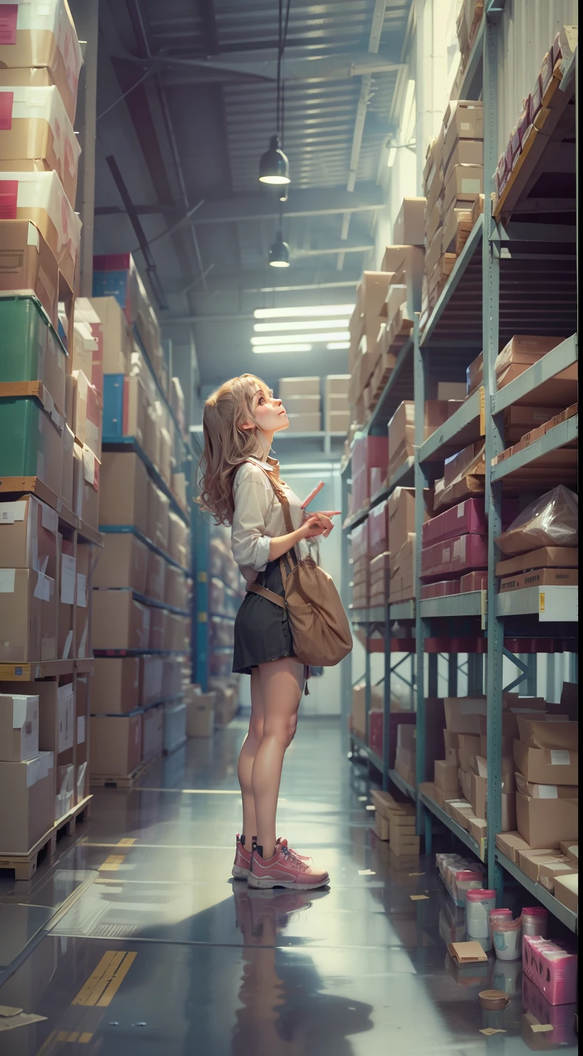 /imagine prompt: A young woman looks around with a sense of relief and curiosity. The surroundings are a quiet and clean warehouse, with some water and food placed in the corner,