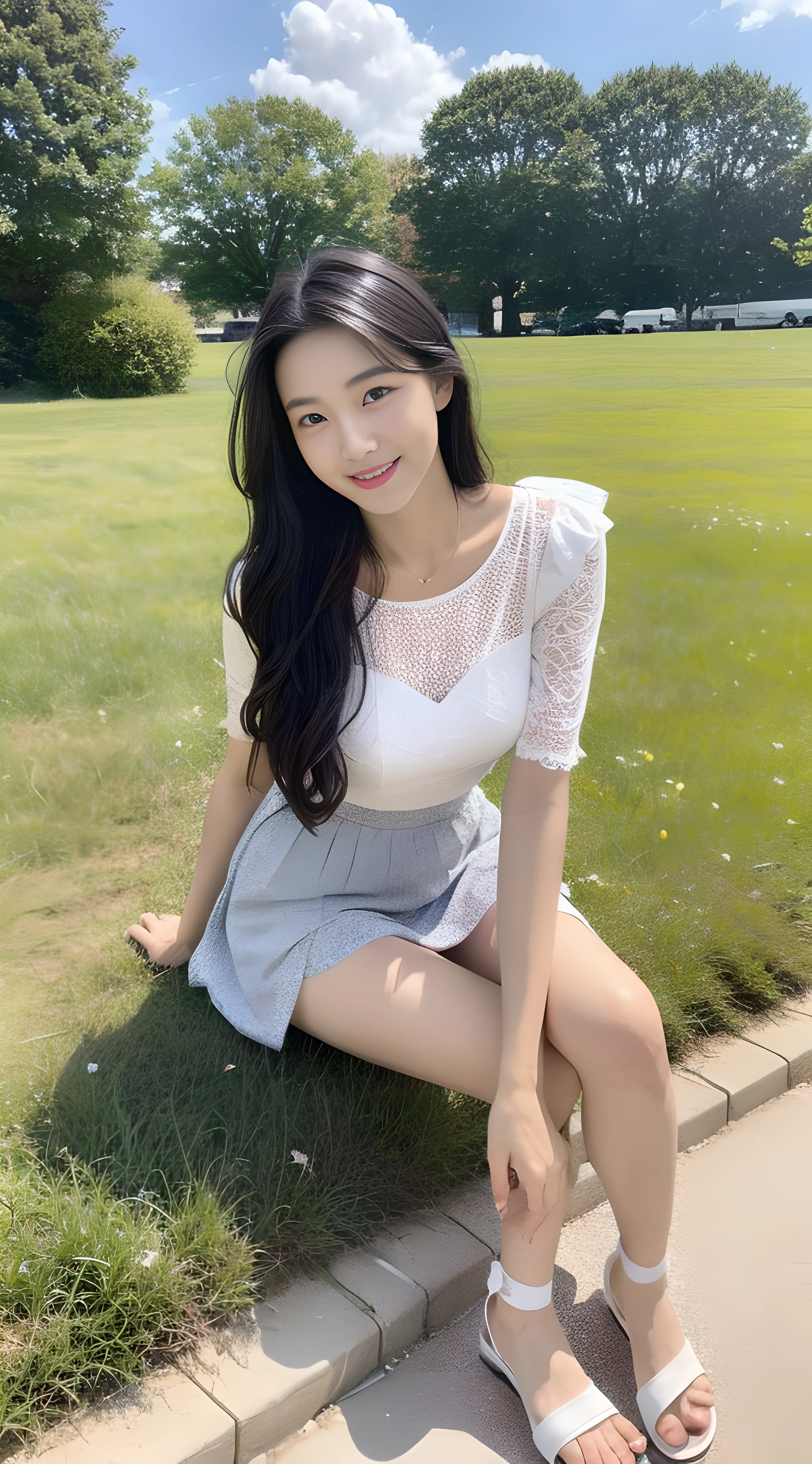 a young, Beautiful cute girl,Full body photo,Extremely beautiful and delicate,Black color hair,A sweet smile,Delicate and beautiful fair skin,Realistic and realistic,exquisite and complete facial features,Detailed depiction of the face,tall nose bridge,Smooth hair,extremely detail hair,Feminine temperament,Fill your face light,Tall and tall,Thin,Realiy,Hyper-realism,Platform sandals,full body shot shot,Forward tilt angle,Extreme picture quality,Highest precision,Precise and perfect human anatomy。with blue sky and white clouds,Sitting on the Steppe,with blue sky and white clouds,rays of sunshine,Cows, sheeps, (White chiffon skirt)Panties are clearly visible. (telephoto shot,)Express the landscape,Highlight portrait。Delicate fingers
