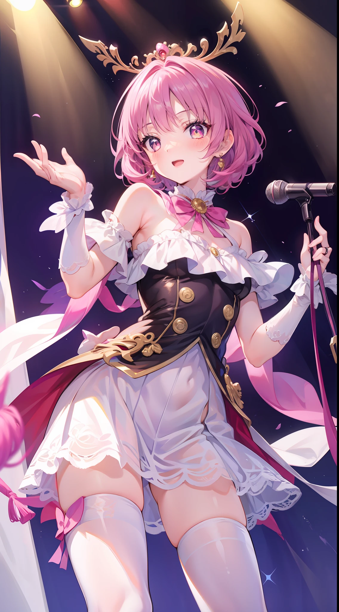 （tmasterpiece：1.2），Best quality at best，perfect anatomia，The is very detailed，1girll，Solo, A high resolution，absurderes，tmasterpiece，looking at viewert，Character Spotlight，A pink-haired，Golden eyes，short  skirt，singers，stage，There are lights above，Hold the microphone，Happy expression，white stockings