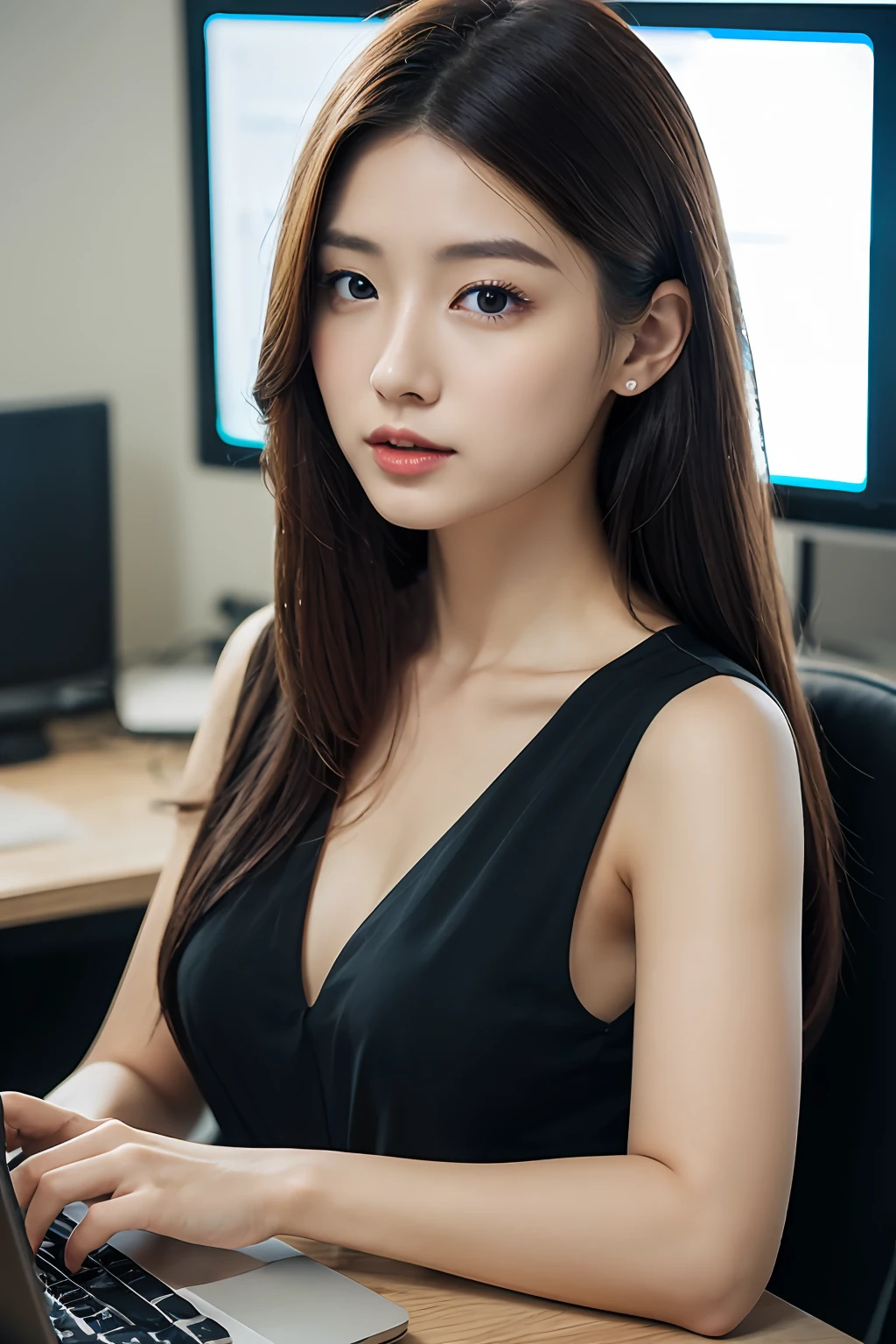 (top-quality、8K、​masterpiece)、1 girl in、beautfull Japanease woman、Operating a computer、s Office