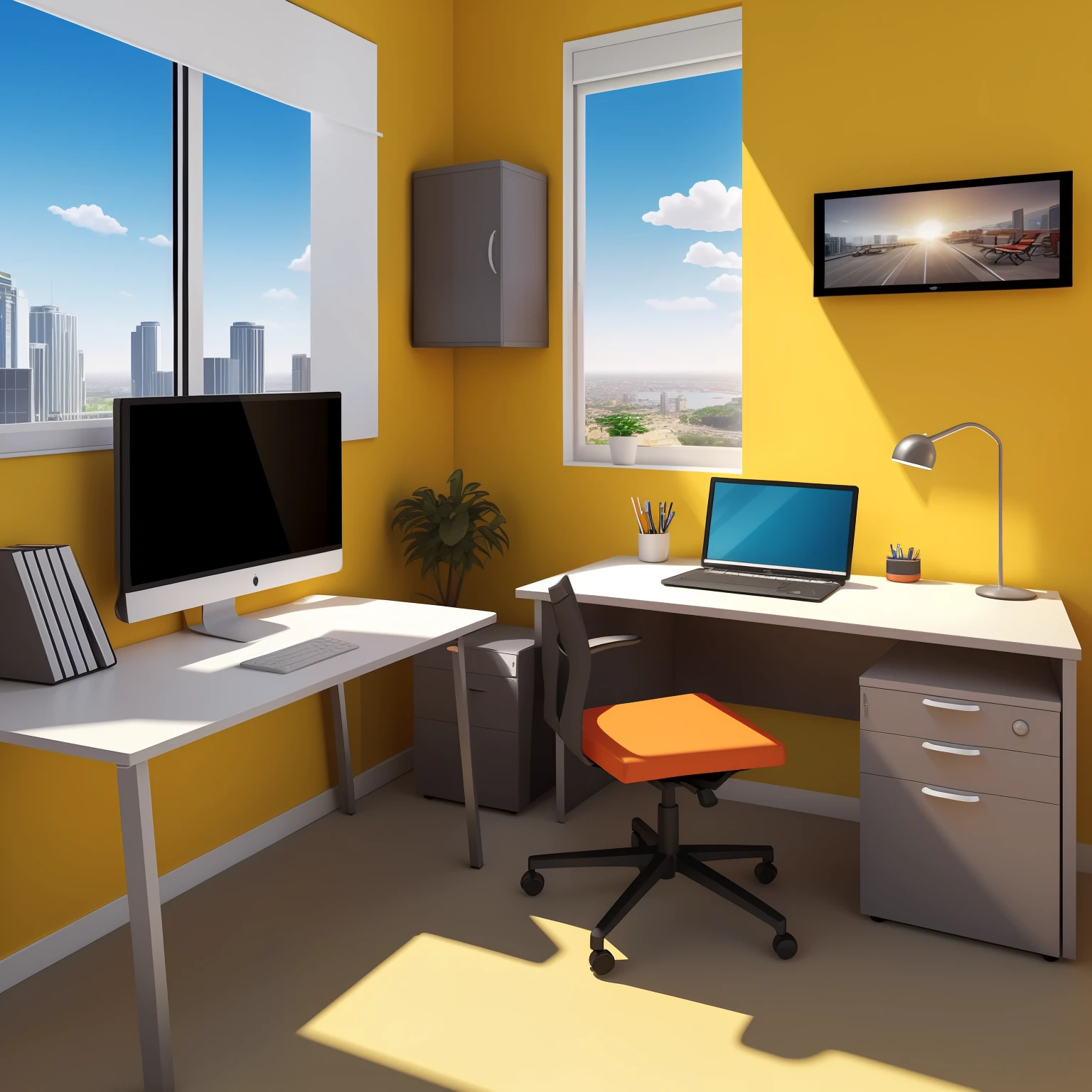 (Best quality, highly detailed CG artwork) A view of a desk with a computer and a office chair, home office, home office interior (bright and vivid colors),  (vivid lighting and shadows).