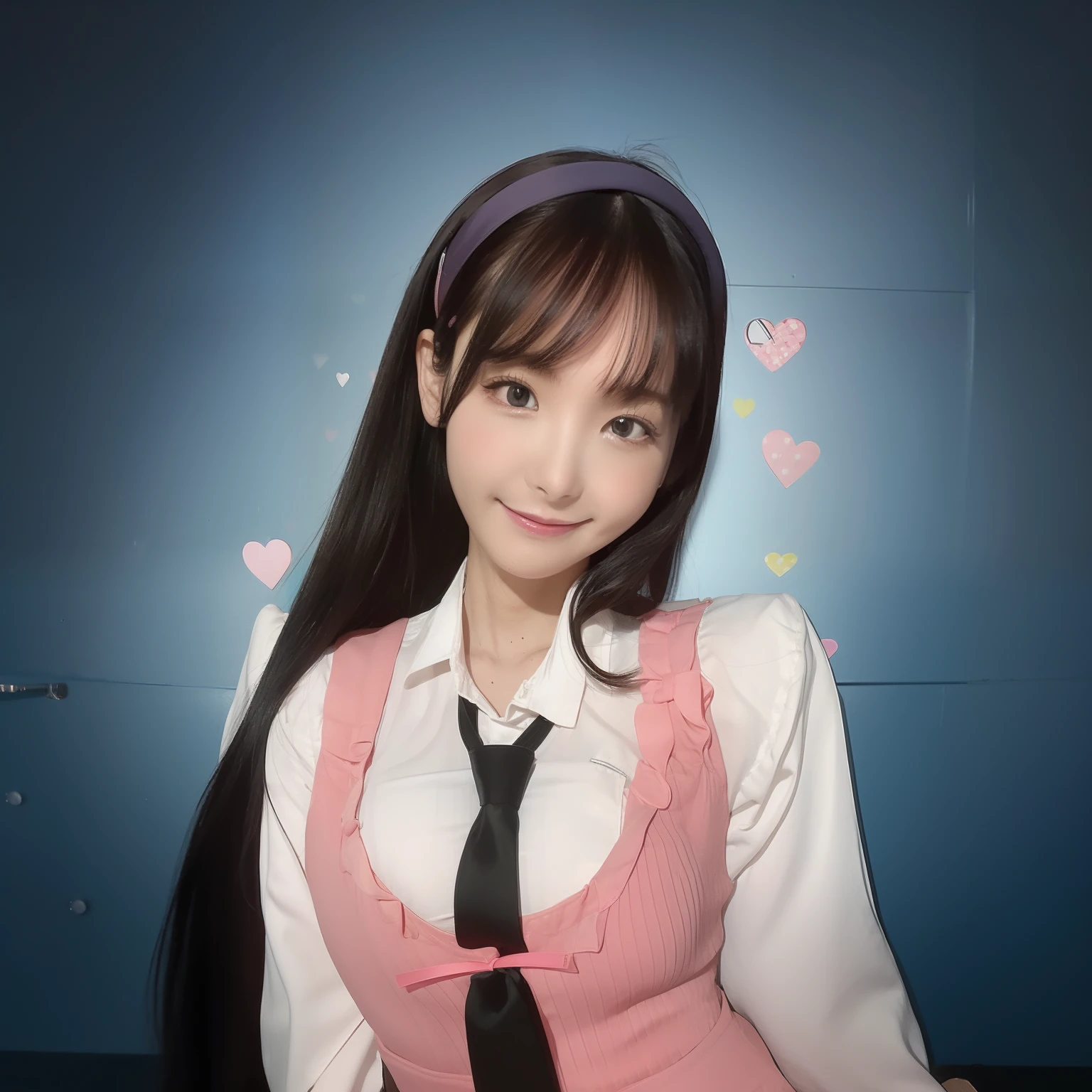 1girl, pretty face, black hair, pink school uniform