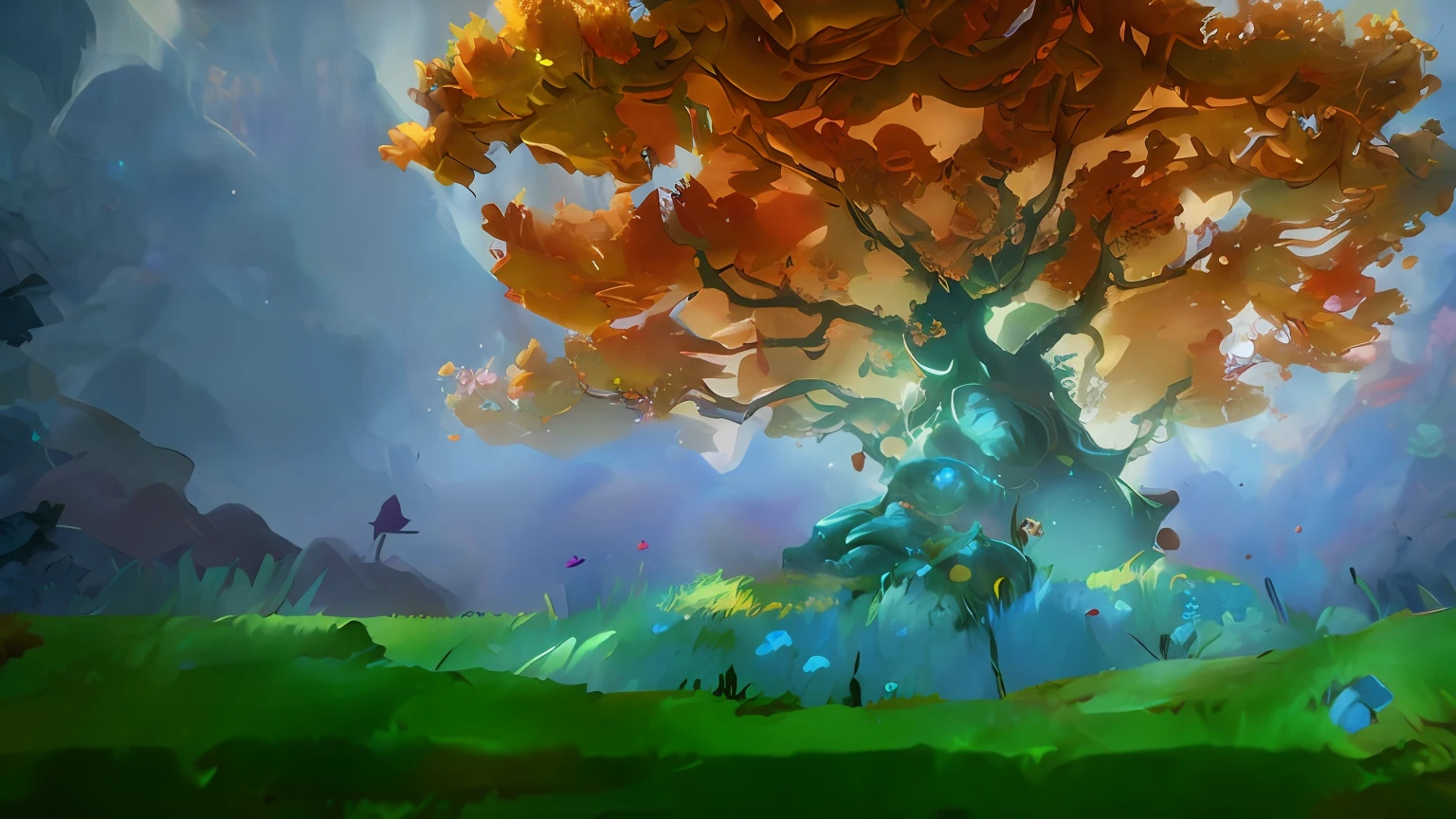 There is a tree，There are many leaves on it, background artwork, painted as a game concept art, Stylized concept art, arte de fundo, Dota 2 concept art, Fantasy Tree, treant, stylised painting, environmentart, indie game concept art, digital painting concept art, environment painting, indie concept art, Stylized game art, world of warcraft art style，Pixar animation style，Pixar cartoon art，best qualityer，Best results，Optimal material feel