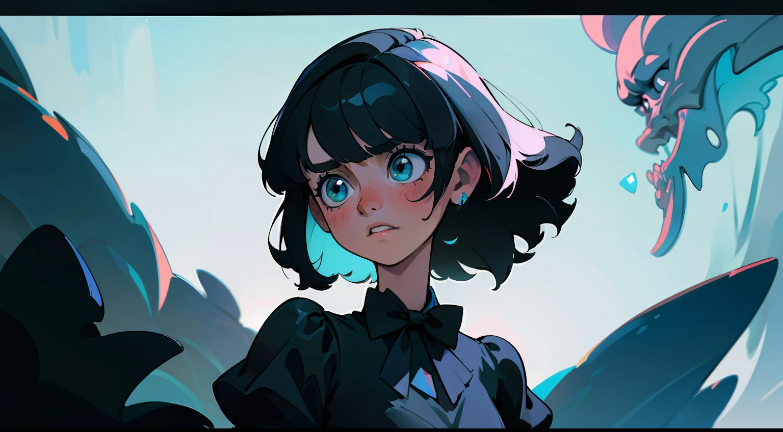 A girl with short black hair，Wearing a black dress，The dress has a black bow tie，The expression is terrified（Close-up Shot Shot），Positive perspective，Bright colors，Cartoon image，maintainingconsistency and unity，Picture books，stories，Illustrative stocks，The background is clean，Natural soft light，8K，best qualtiy，super detailing，C4D，blender,oc rendered，k hd，super detailing