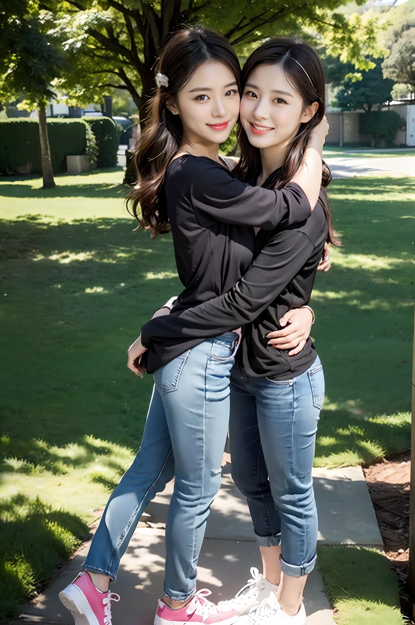 (RAW photogr,超高分辨率,tmasterpiece,best qualtiy:1.4),Complicated details,2 20 year old Korean girl,Wear a loose black T-shirt and stylish jeans,Stand on the grass and take pictures,hugs,Intimate relationships,Detailed meadow,A sweet smile on a small face,The face and skin are pink and fair,Ultra-realistic facial details,Beautiful ribbons and hair accessories,Playful and coquettish pose,The calves are straight and slender:1.5,Wear high-end branded colorful travel shoes:1.5,eventide,warm color,Broad lighting,naturalshadow,Shoot from the back,Beautiful waist and hips,taking a full body photo:1.8