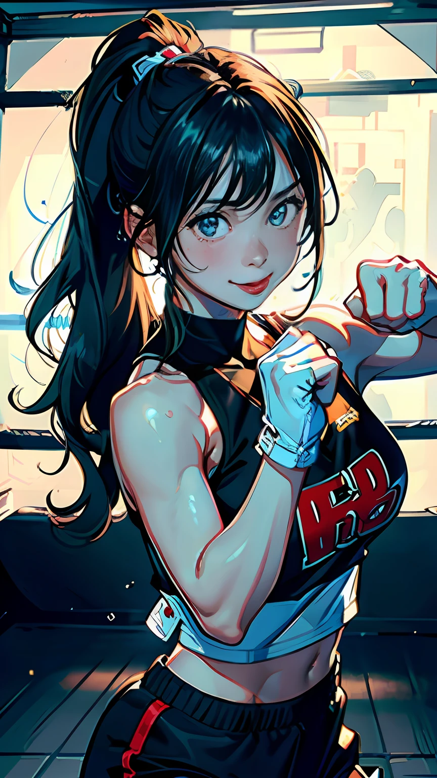 (Original), (Very detailed wallpaper), (Best quality), (Masterpiece), Photographic reality, Reality, Very detailed illustration, (1 girl), Beautiful eyes, (Delicate face), Perfect details, (Best lighting), (Super complex details), (Boxing girls), (Aggressive boxing), Sweat, Heavy breathing, (Smash Attack), (Boxing ring), Sports shorts, Perfect details, Perfect fingers, Perfect limbs, Impact, (shiny skin), Abs, Muscles, Waist line, Boxing Shorts, Boxing, Brunette Hair, High Ponytail, Super Long Hair, 4K Unity, (Super Fine CG: 1.2), (8K: 1.2), Realistic, Octane Rendering, Blush, ((Tongue Out))