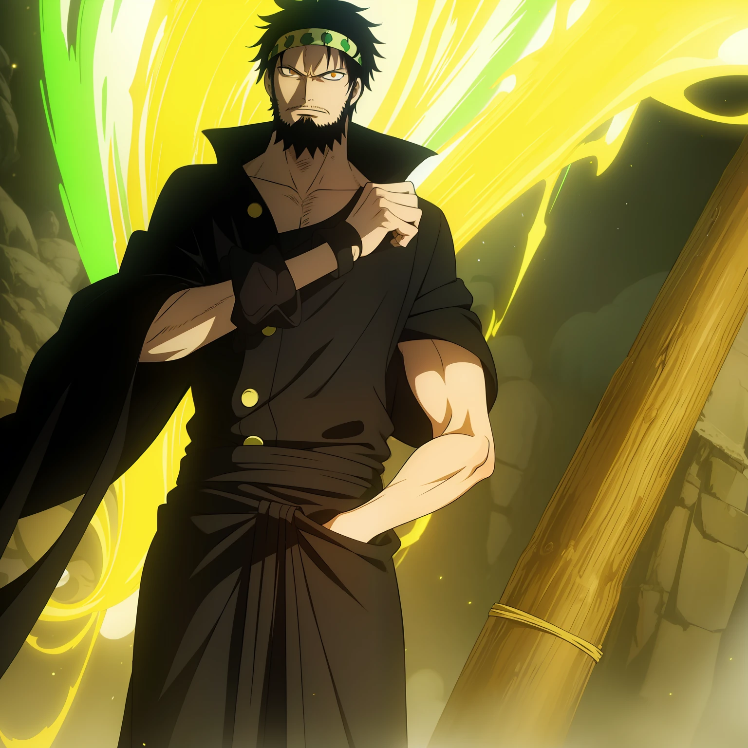 tall man, black clothes, green clothes, messy hair, medium hair, black hair, light beard, yellow eyes, green headband, by Eiichiro Oda