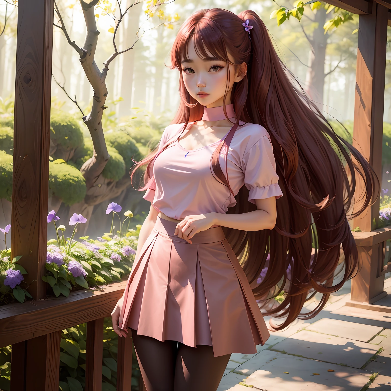 Korean girl wearing a skirt (pink), pantyhose, top, pants and a chocker, red pants. long hair, high quality, masterpiece, cute, perfect body, cute face, (fotorealistic), forest, light brown hair, flowers (violets)