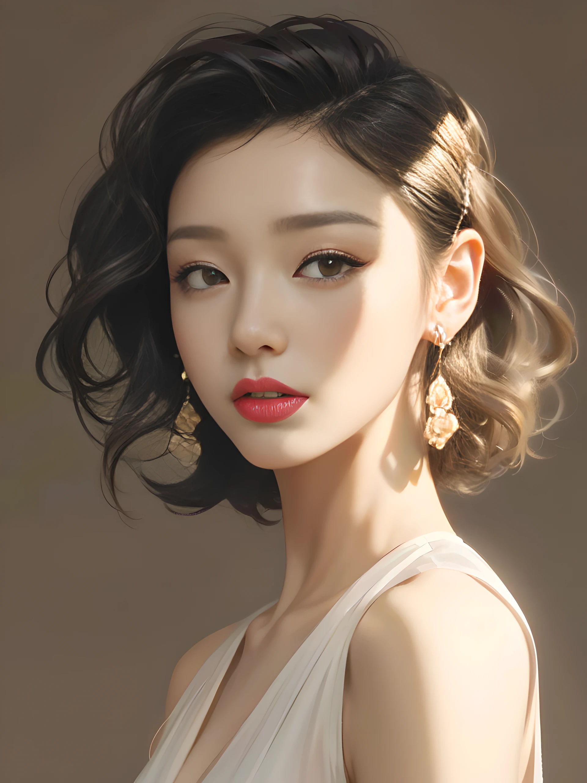 Close-up of a woman in a white dress and earrings, Guviz-style artwork, inspired by Yanjun Cheng, Guviz, By Ni Tian, high quality portrait, By Li Song, Realistic. Cheng Yi, author:yanjun cheng, by Ye Xin, yanjun cheng, digital art of an elegant, Beautiful digital illustration --auto
