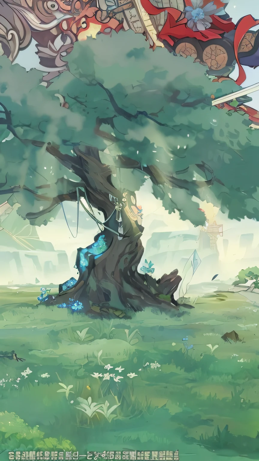 An anime scene with a tenjin on a tree,background artwork,painted as a game concept art,Onmyoji detailed art,magical fantasy 2 d concept art,Stylized concept art,treant,spirit fantasy concept art,concept art for a video game,environment concept art,age-old tree,Fantasy Tree。