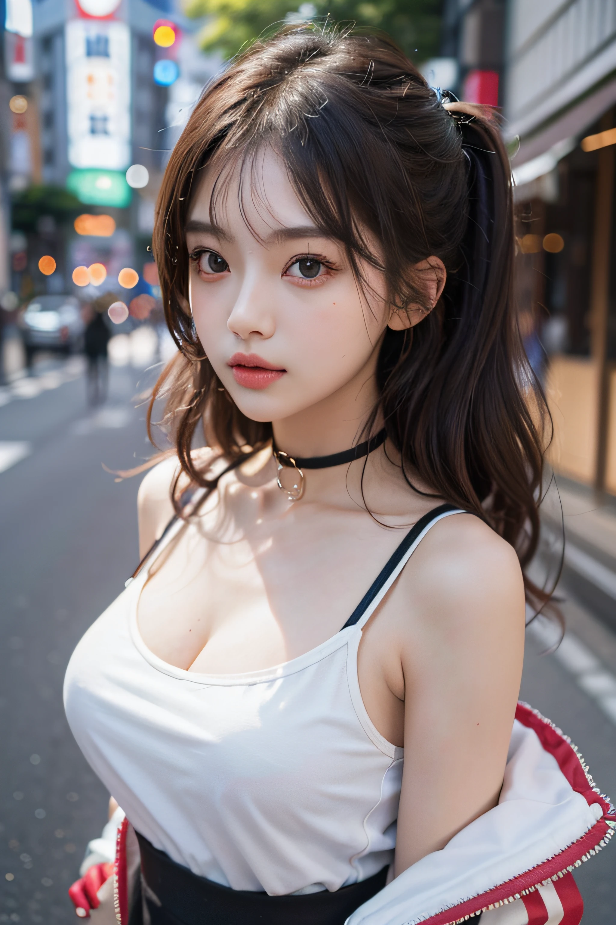 Best Quality Detail:1.2, realisitic, 8K UHD, hight resolution, 1girl in:1.2, The ultra-detailliert, High quality textures, intricate detailes, detaileds, Very detailed CG, High quality shadows, Detail Beautiful delicate face, Detail Beautiful delicate eyes, depth of fields, Ray traching, in her 20s, Pretty Kpop Girl, Korean Urzan Face:1.1, Slender face, ulzzang -6500-v1.1:0.6, pureerosface_v1, gloweyes, teak, Glossy lips, perfectbody, a choker、cleavage of the breast、 Brown hair、poneyTail:1.1, Street, Particle, look at viewr, Photorealsitic:1.4, ultra-detailliert, photos realistic, 4K 8K UHD Full Color RAW Photos, Fuji Film(Medium format:1.2), Hasselblad:1.2, Carl zeiss:1.1, Incredible dynamic range photography(UTIL_Art by Smoose-768:1.1), hight resolution, High pixel count, clear details, crisp image, Natural color reproduction, Noise Reduction, High fidelity, qulity, Software Improvements, Upscaling, Optimized algorithms, Pro-level retouching、((Shibuya, tokyo prefecture))、On the way to shopping、((Fashionable clothes with a very high design))、Casual Tracksuit: Sporty and casual tracksuit、Fashionable style