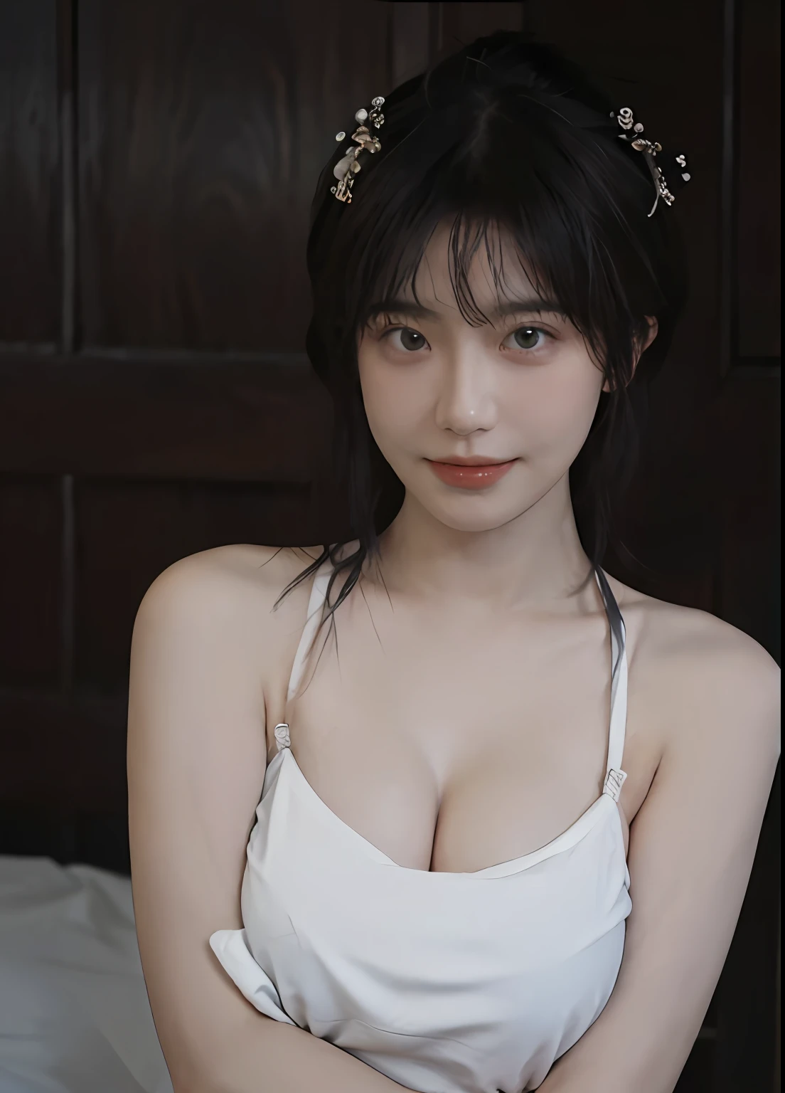 best qualtiy， 超高分辨率， （realisticlying：1.4）， one-girl， A pair of clear and moving peach blossom eyes,Royal Sister，Rub your chest with your hands，（full bodyesbian：1.2）a sense of atmosphere，a beauty girl， ssmile，sea beach，（full bodyesbian：1.2） looking at viewert， closeup cleavage ，(Photorealistic:1.4),1girll,Sexy,(Bikini:1.2),(Black bra:1.2),(Big breasts:1.4),(Upper body:1.4),(Wet body),(:1.2)