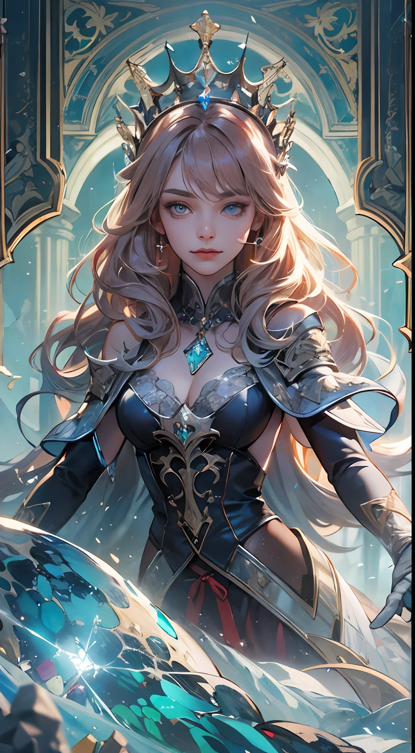 (absurdres, highres, ultra detailed), 1woman, mature female, aged up, wavy long hair, auburn hair, coral eyes, bangs, long sleeves, finely detailed eyes and detailed face, extremely detailed CG unity 8k wallpaper, intricate details, (style-swirlmagic:1.0),  looking at viewer, solo, upper body, detailed background, close up,  detailed face, (gothic dark ages theme:1.1), crystal sorcerer,  dynamic pose, earth themed clothes, crystal crown,  floating in the air, glowing magical shards, surrounded by blue magical crystals,  rock formations, stalactites,  magical floating particles, crystal glass,  crystal sphere, crystal canyon background, (shallow water:0.7),  epic ethereal atmosphere,   updraft,, portrait