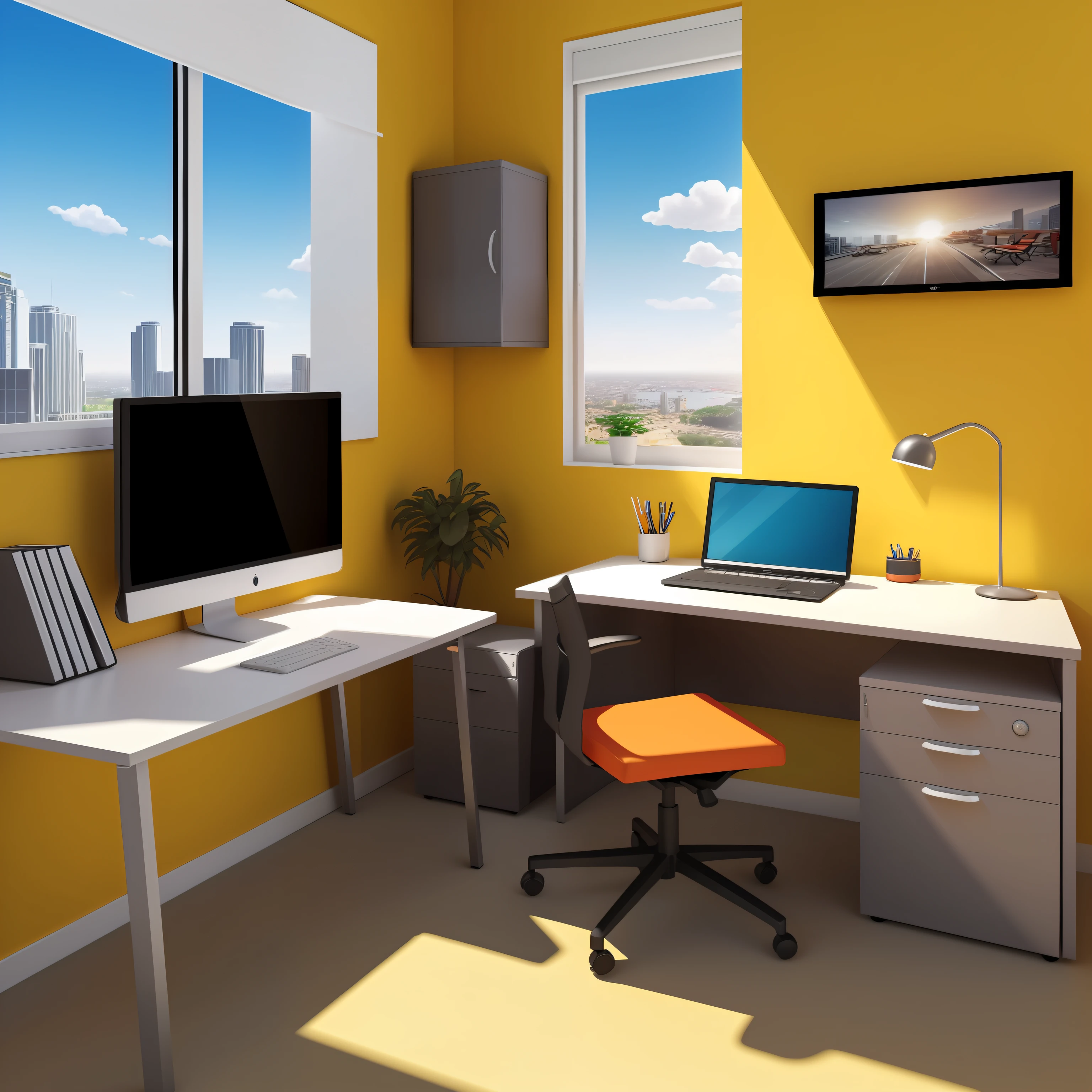 (Best quality, highly detailed CG artwork) A view of a desk with a computer and a office chair, home office, home office interior (bright and vivid colors),  (vivid lighting and shadows).