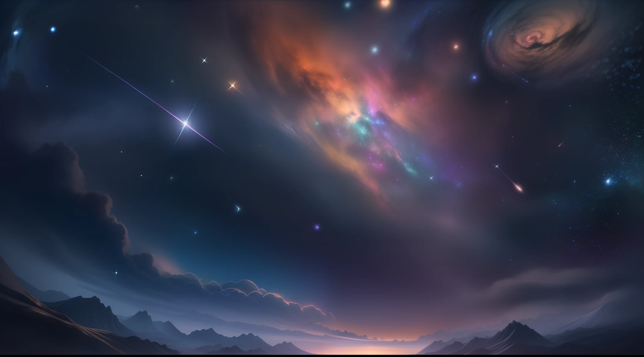 Create a relaxed image, Dark Universe. Scene of serene celestial beauty in the vastness of space, Where distant stars twinkle like guiding lights. Breathtaking nebulae and colorful galaxies inspire amazement and awe.  Blending muted tones and indigo, Deep purple, Eta、Warm sky shades that create an atmosphere of peace and tranquility.