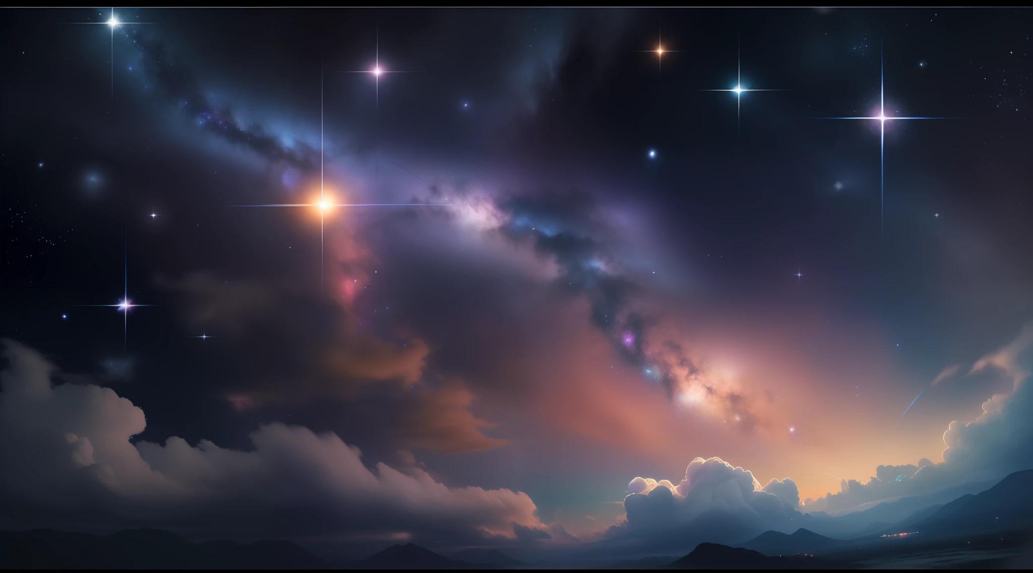 Create a relaxed image, Dark Universe. Scene of serene celestial beauty in the vastness of space, Where distant stars twinkle like guiding lights. Breathtaking nebulae and colorful galaxies inspire amazement and awe.  Blending muted tones and indigo, Deep purple, Eta、Warm sky shades that create an atmosphere of peace and tranquility.