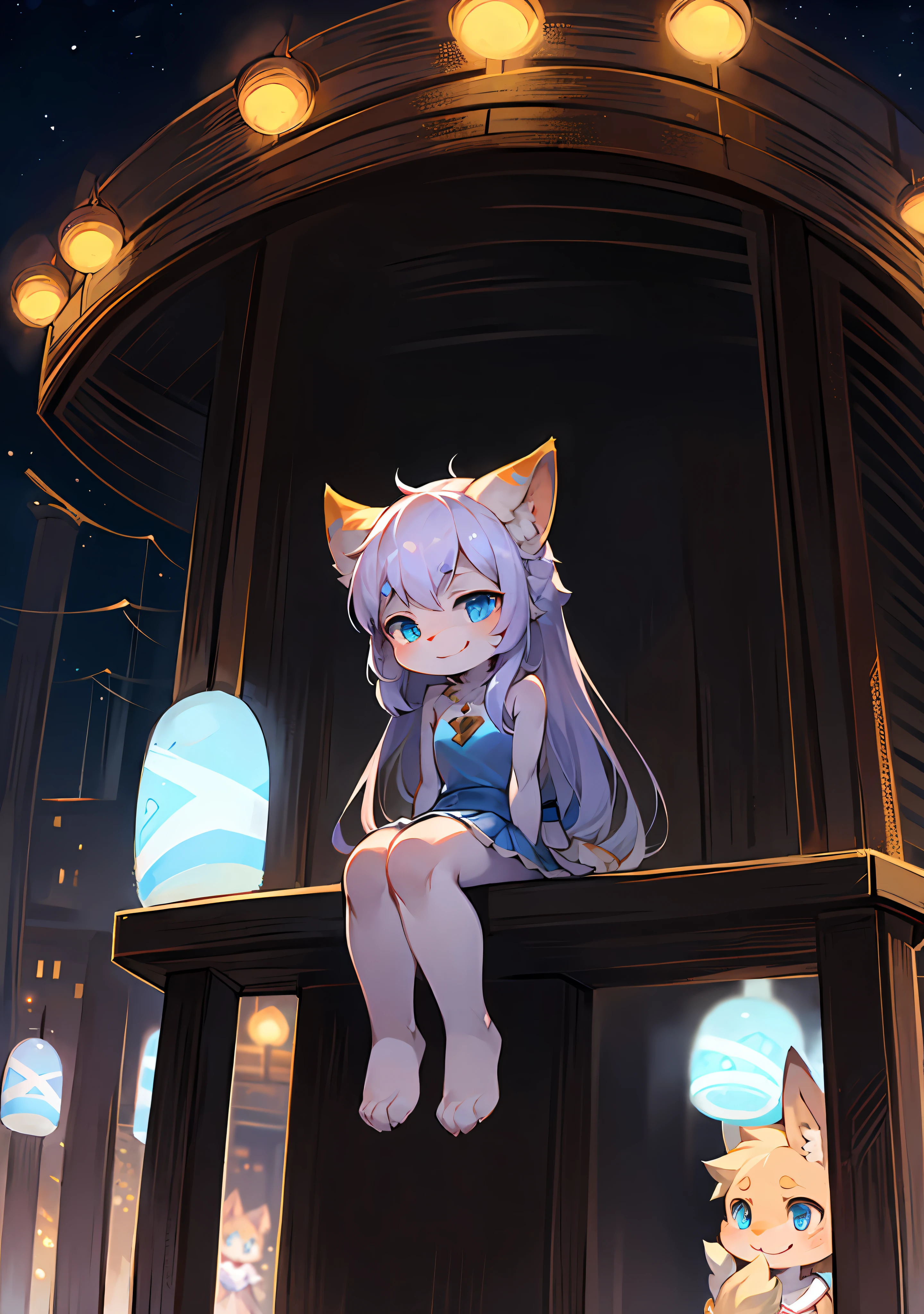 Bright eyes，in a panoramic view，Focus is prominent，Enhanced background details（0.7），Furry female character，The heroine stands out，Fluffy tail，eBlue eyes，Emphasis on yellowish skin，Emphasis on childhood，Emphasize the cuteness of the young，Emphasis on short stature，Place your hands behind your back，wearing a white skirt，Strengthens long hair，Emphasize sitting posture，Petite and cute emphasized，A smile on his face（1.2)，the night、borgar（1.1）。