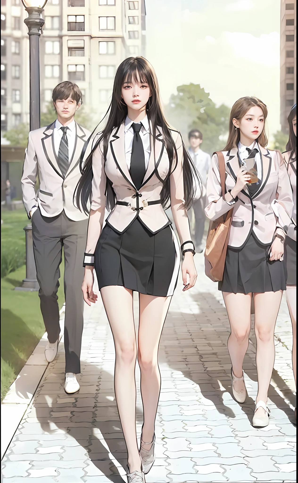 ((masterpiece, best quality)),illustration,ultra detailed 8k,photorealistic,sharp focus,highly detailed,professional lighting,colorful details, 1 girl, school teenager, big breast, short pleated skirt, street background with several students, black long hair