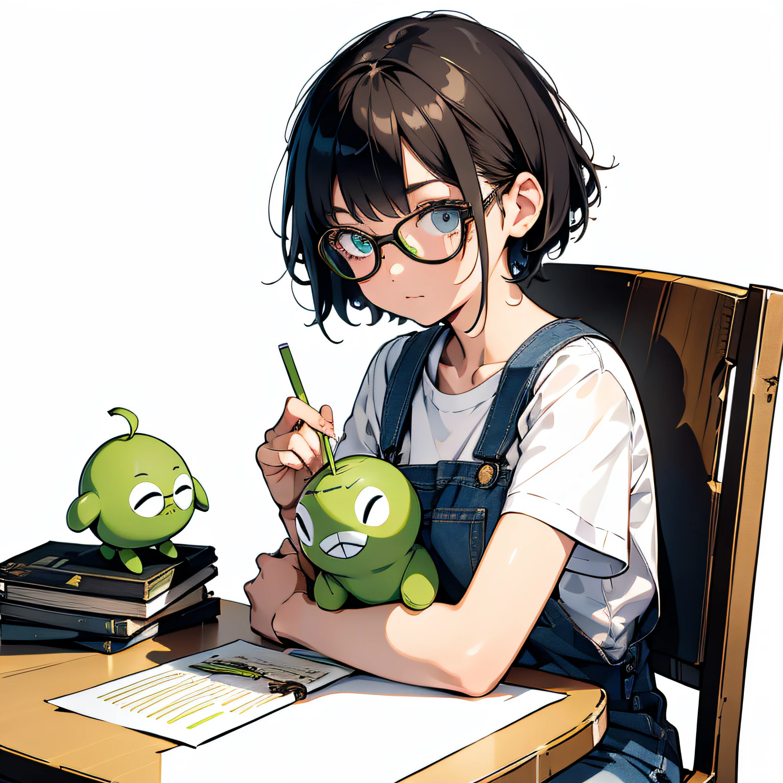 A girl with short hair with glasses，Holding a green doll with three eyes in his arms，Wearing a white T-shirt，Denim suspenders，Sit behind a table，There were books on the table，with a pure white background，A high resolution，Hand drawn texture，Two-dimensional painting style --v6