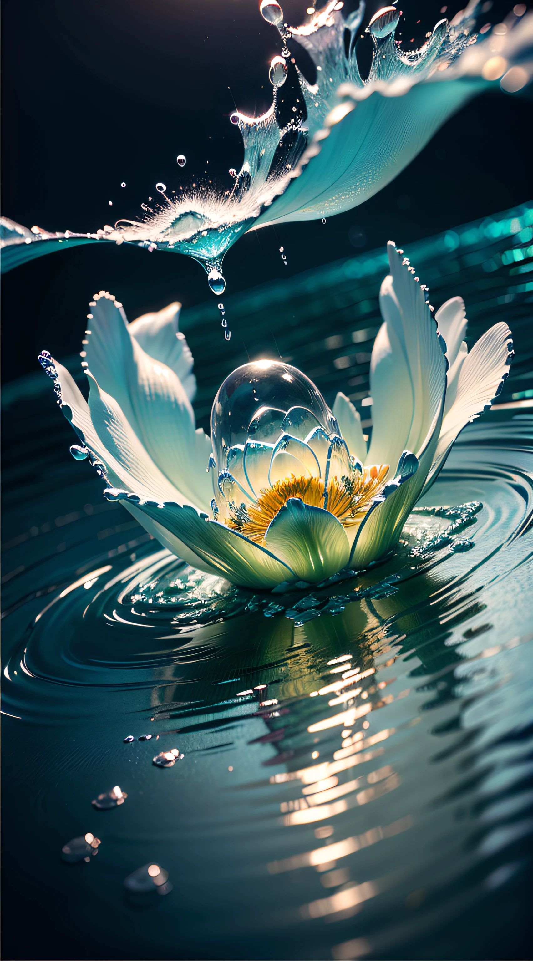 (( Transparent water flow ocean flower)),(((Masterpiece))), (((Best quality))), ((super ultra detail)),((An extremely delicate)),Cinematic light, ,No human，Water splashes:1.5