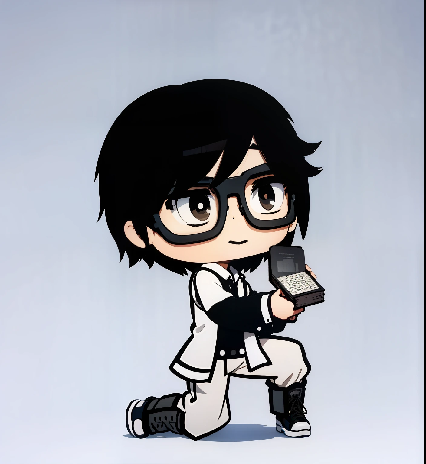 Boy, black hair, glasses, white clothes