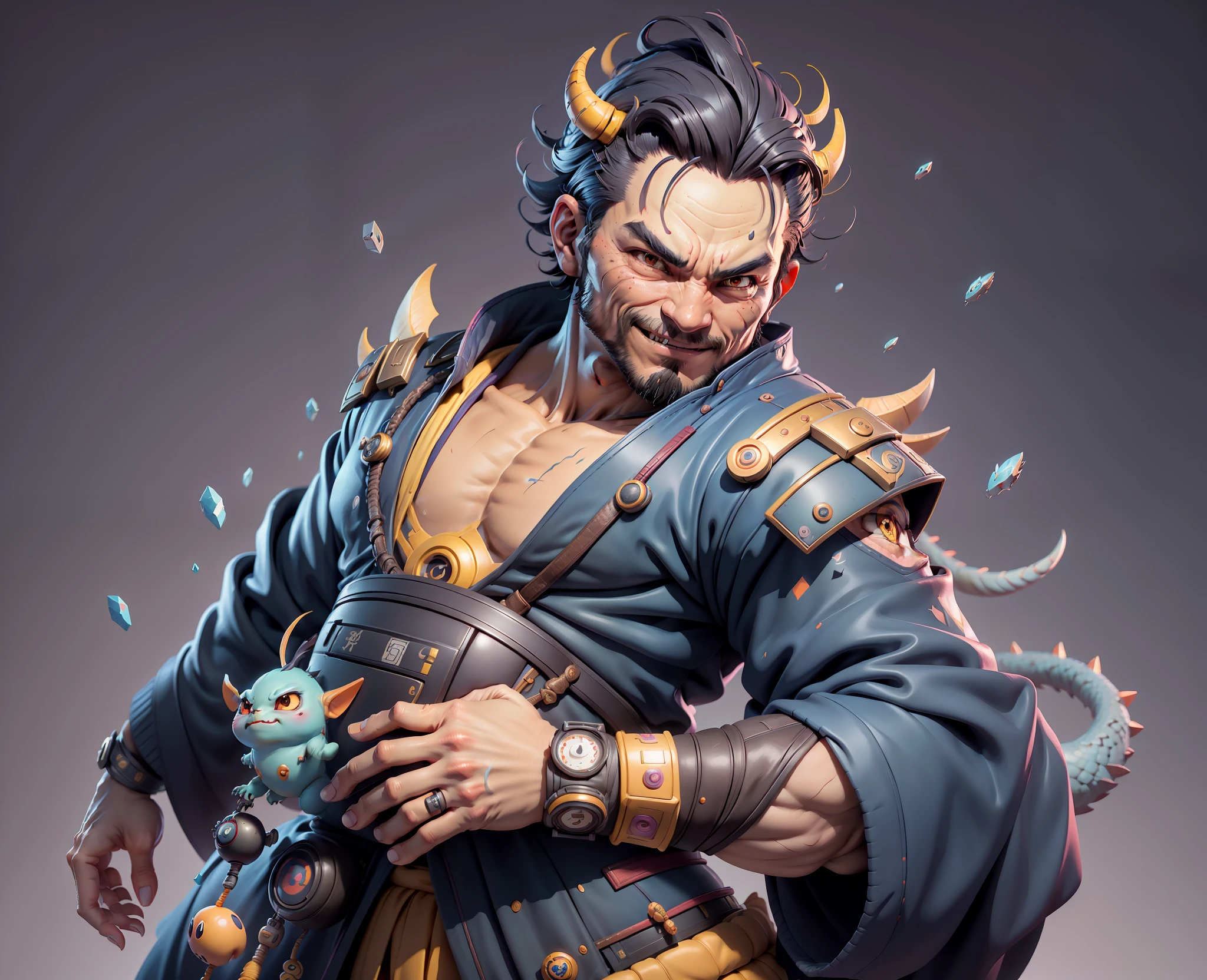 (Daisaku),(Need),(Super meticulous),(full bodyesbian:1.2),Super young man with Japanese geisha，Beautiful，Oriental dragon，Aeolian Thor，Raised sexy，爆乳，Oriental face，TV Anchor，Bust portrait illustration，In black suit，a blue tie，The face is slightly chubby，The face was clean，without a beard，Black super short hair，Black eyes，Smile confidently，3C computer sub-products，iPad， iphone，Digital painting，3D character design by Mark Clairen and Pixar and Hayao Miyazaki and Akira Toriyama，The illustration is a high-definition illustration in 4K resolution，With very detailed facial features and cartoon-style visuals。