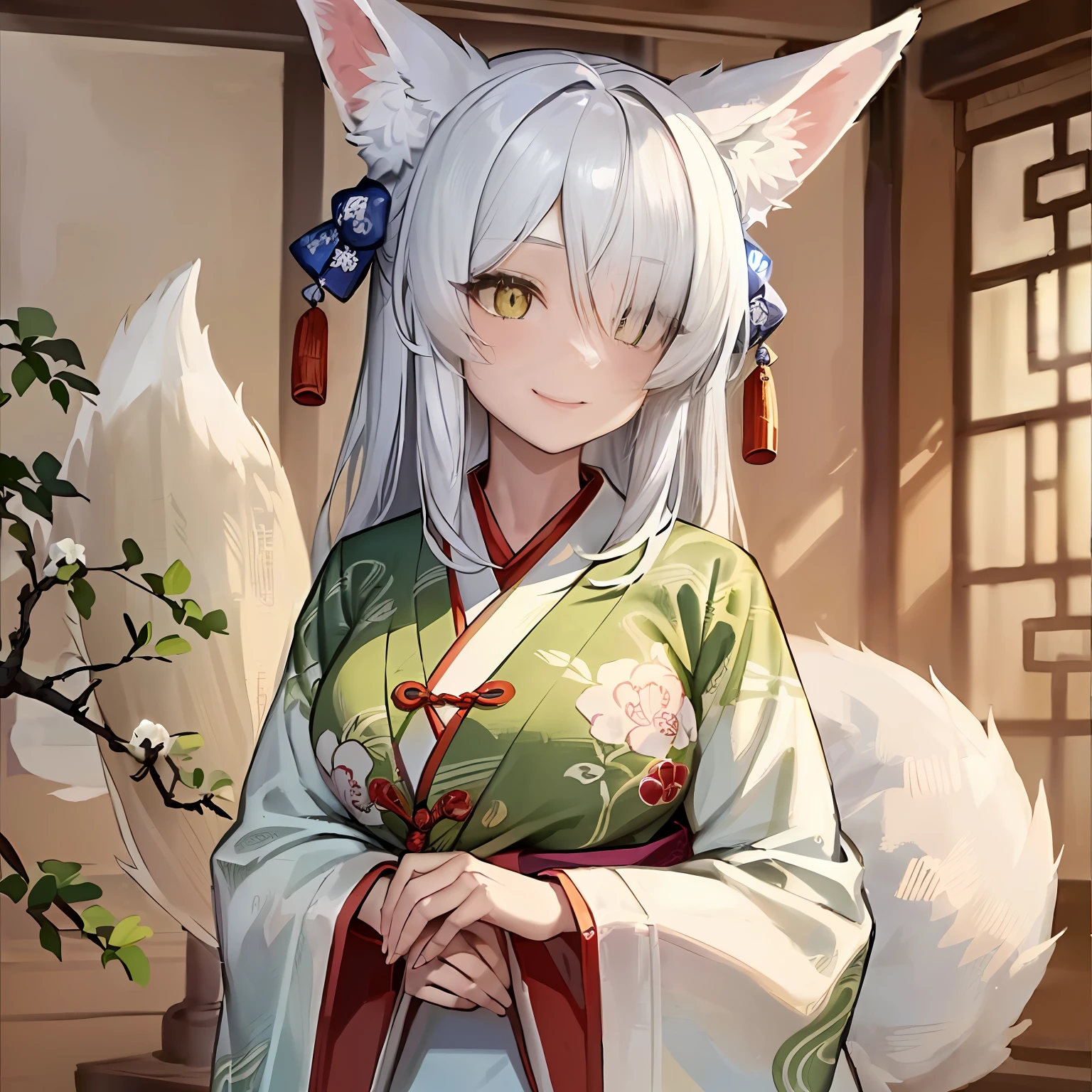 1girl, solo, fox girl, (fox ears:1.15), (silver hair:1.15), updo,(green eyes:1.4), glint, (glowing eyes:1.2), (hair over one eye:1.15), (fingersmile:1.35), (seductive smile:1.4), (hanfu:1.25), medium breasts, (looking down:1.15), upper body, (simple background:1.4), (there is a huge white fox head in chinoiserie ink style in the background:1.5), green flames,(from below:1.15), UHD, high details, anatomically correct