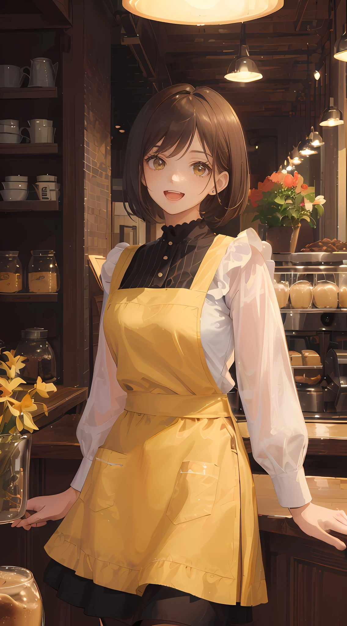 (Solo, 1girl), (masterpiece, highest quality, Super Detail:1.6), 8K, Best Quality, Indoors, very short hair, short bob hair, (brown hair), tuck one side hair behind ear, yellow eyes, Looking at Viewer, Smile, cheerful woman, Anime, wearing white long sleeve blouse, long skirts, high neck blouse, (front view, frontal face, from front, light from front), indoor, 30 years old, barista, coffee shop, wearing long black apron, open mouth, :d, super fine illustration, soft lighting, extremely beautiful girl, (extremely detailed eyes),