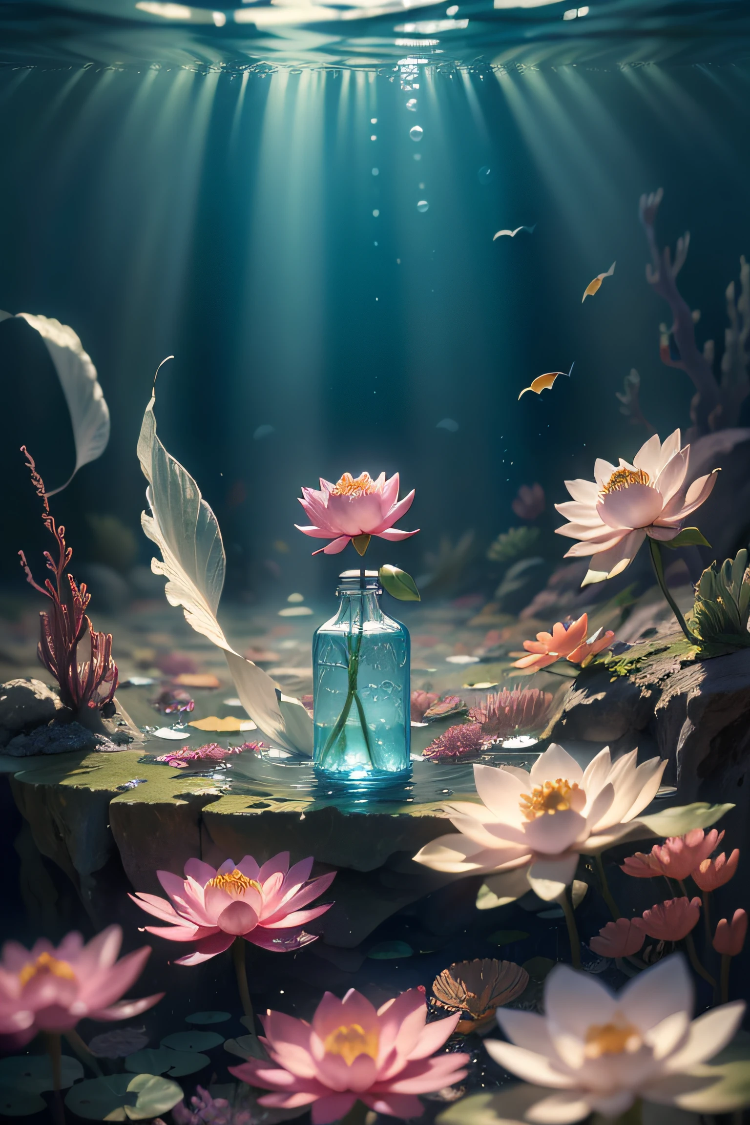 (((masterpiece))), (((best quality))), ((ultra-detailed)),((an extremely delicate)),cinematic light,((underwater)), lotus flowers, ((a water bottles in the canter:1.5)), water ripples