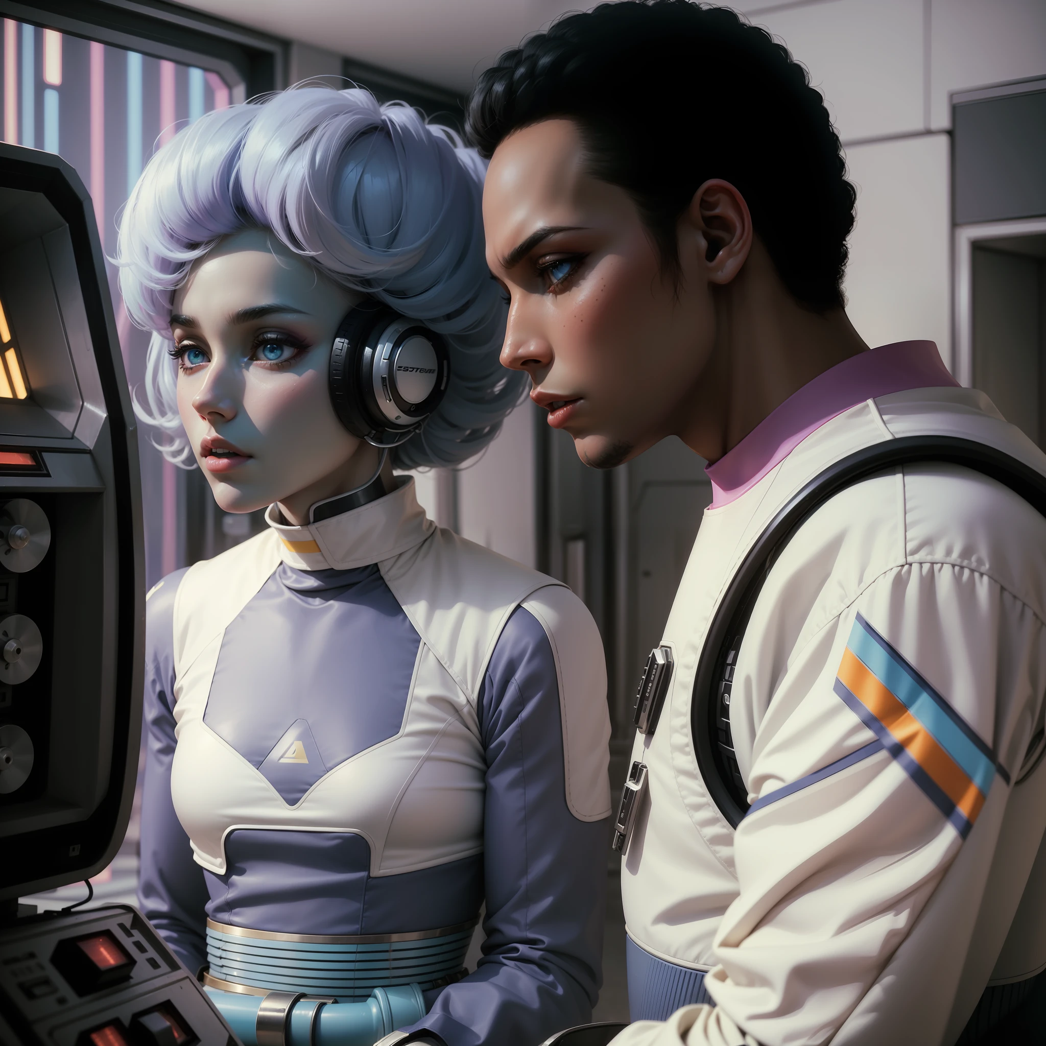 4k picture of a 1970's sci-fi movie, pastel colors, people wearing retro-futuristic fashion clothes and futuristic technological ornaments and devices, natural light, cinematic, psychedelia, retro-futuristic, photo-realistic, perfect eyes, perfect hands, perfect hair, rich face details, hyper detailed, hyper realistic, real skin texture, real fabric textures, sharp background details, sharp render.