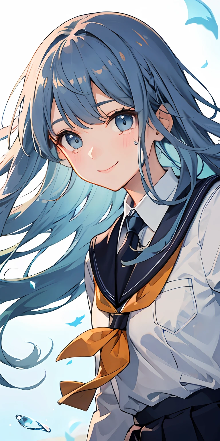 Long hair, wept bangs, Hair intake, Brown hair, Light blue hair, Hair fluttering in the wind, Beautiful face, Smile, School_uniform, Outdoors, Sunlight,