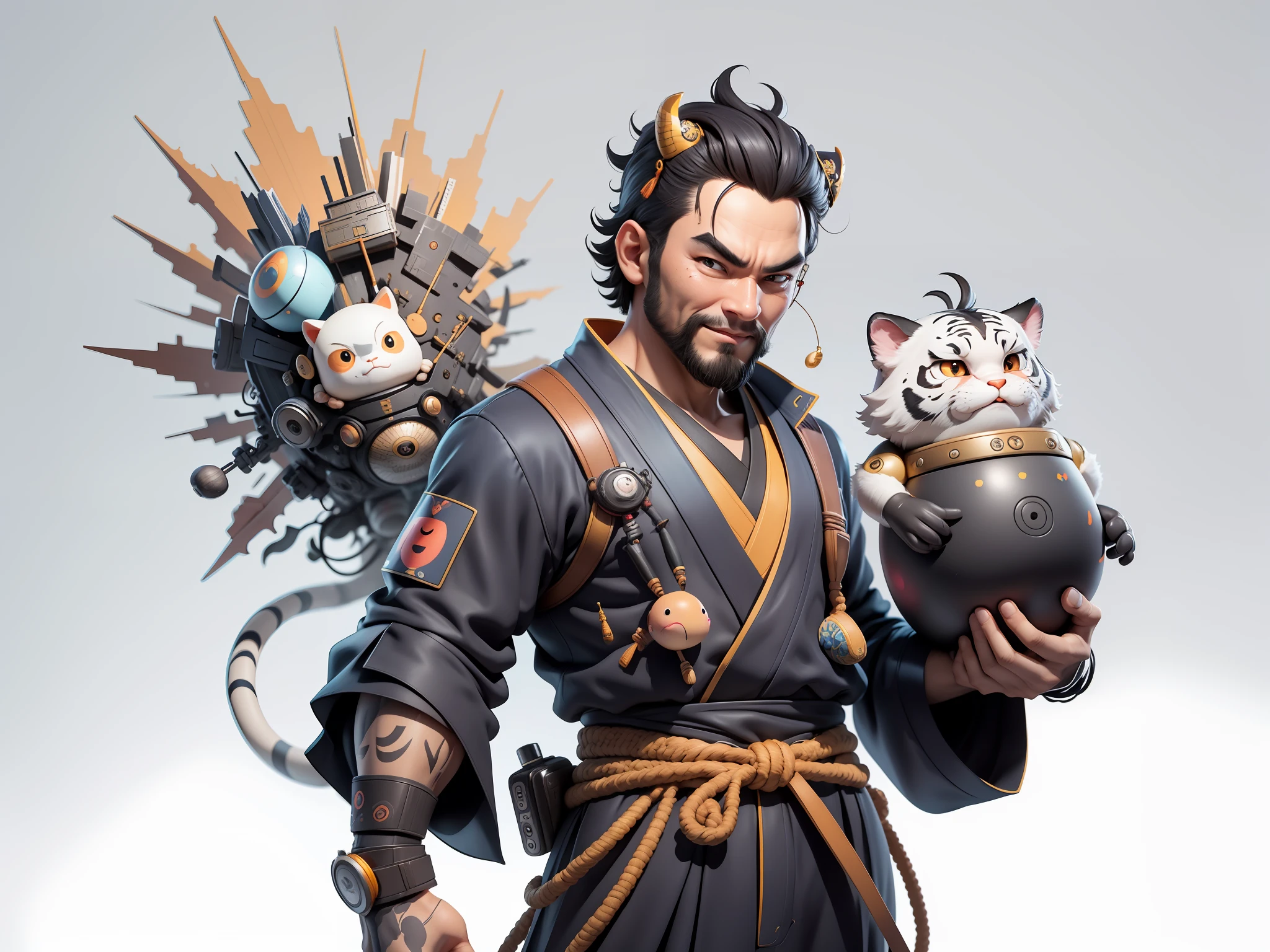 (Daisaku),(Need),(Super meticulous),(full bodyesbian:1.2),Super young man with Japanese geisha，Beautiful，orient，one tiger，Aeolian Thor，Raised sexy，爆乳，Oriental face，TV Anchor，Bust portrait illustration，In black suit，a blue tie，The face is slightly chubby，The face was clean，without a beard，Black super short hair，Black eyes，Smile confidently，3C computer sub-products，iPad， iphone，Digital painting，3D character design by Mark Clairen and Pixar and Hayao Miyazaki and Akira Toriyama，The illustration is a high-definition illustration in 4K resolution，With very detailed facial features and cartoon-style visuals。