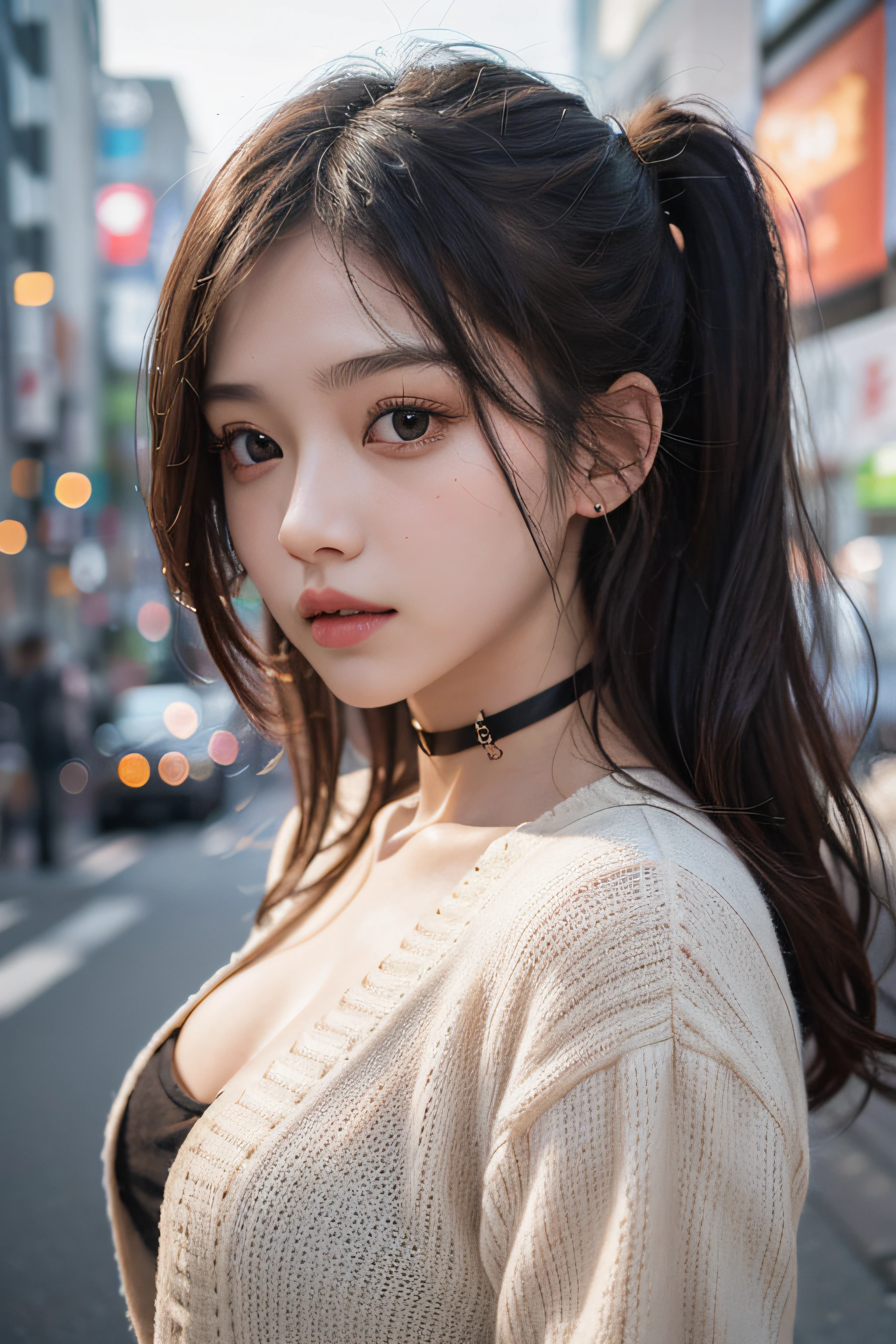 Best Quality Detail:1.2, realisitic, 8K UHD, hight resolution, 1girl in:1.2, The ultra-detailliert, High quality textures, intricate detailes, detaileds, Very detailed CG, High quality shadows, Detail Beautiful delicate face, Detail Beautiful delicate eyes, depth of fields, Ray traching, in her 20s, Pretty Kpop Girl, Korean Urzan Face:1.1, Slender face, ulzzang -6500-v1.1:0.6, pureerosface_v1, gloweyes, teak, Glossy lips, perfectbody, a choker、cleavage of the breast、 Brown hair、poneyTail:1.1, Street, Particle, look at viewr, Photorealsitic:1.4, ultra-detailliert, photos realistic, 4K 8K UHD Full Color RAW Photos, Fuji Film(Medium format:1.2), Hasselblad:1.2, Carl zeiss:1.1, Incredible dynamic range photography(UTIL_Art by Smoose-768:1.1), hight resolution, High pixel count, clear details, crisp image, Natural color reproduction, Noise Reduction, High fidelity, qulity, Software Improvements, Upscaling, Optimized algorithms, Pro-level retouching、((Shibuya, tokyo prefecture))、On the way to shopping、((Fashionable clothes with a very high design))、Casual Tracksuit: Sporty and casual tracksuit、Fashionable style