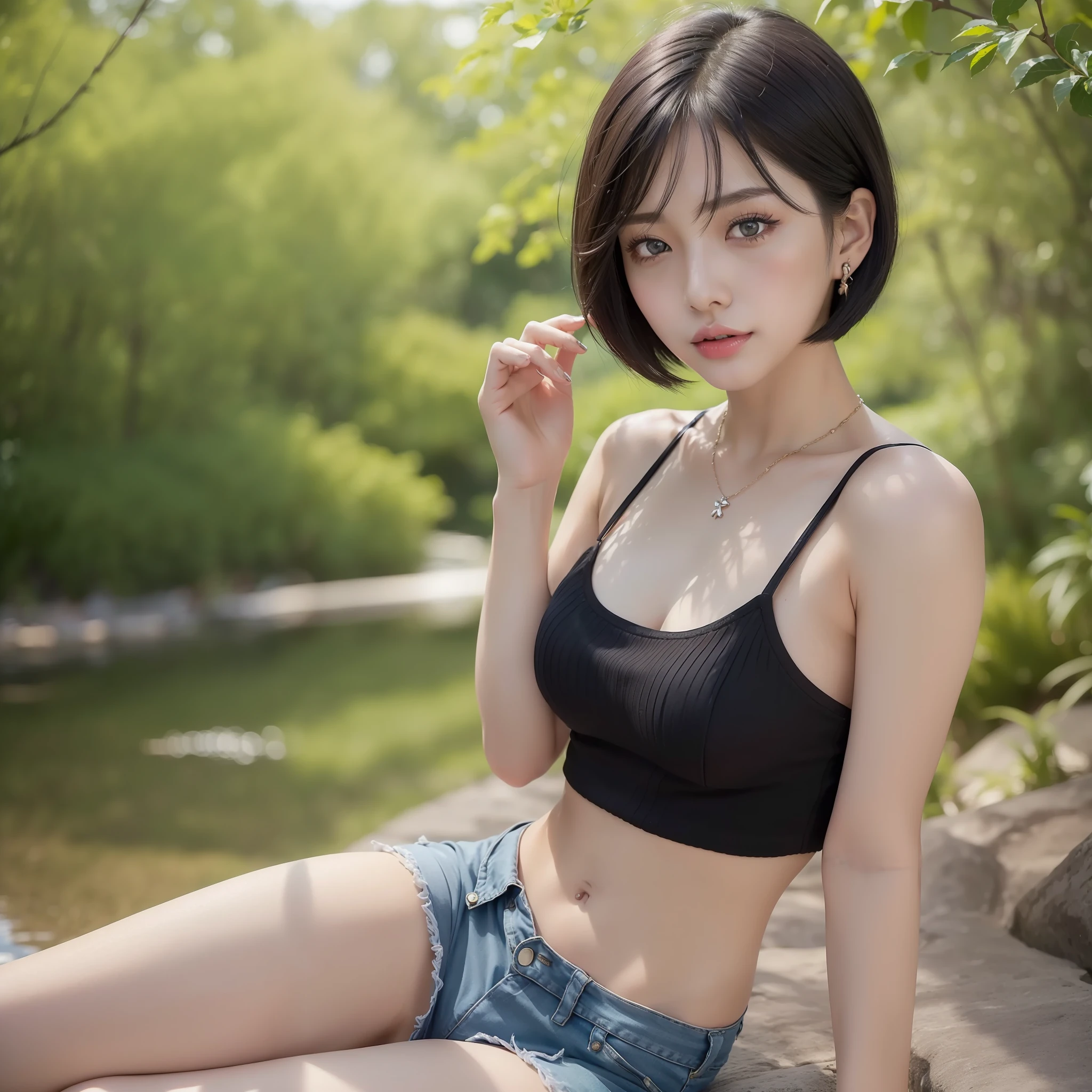 (8k, highest quality, masterpiece: 1.2), (realistic, photorealistic: 1.37), highest quality, very delicate and beautiful Japan girl, beautiful girl with perfect style, black hair, super detailed, high resolution, highly detailed face and skin texture, beautiful detailed eyes, face light, nose blush, (((one girl)), blue eyes, green eyes, red lips, eye makeup, (black hair, short hair, bob cut : 1.4), (medium breast, full body: 1.3), necklace, earrings, (short sleeves, cut-off shorts: 1.1), tattoo, slender abs, shiny skin, park, outdoor, professional lighting, realistic shadows, sharp focus,