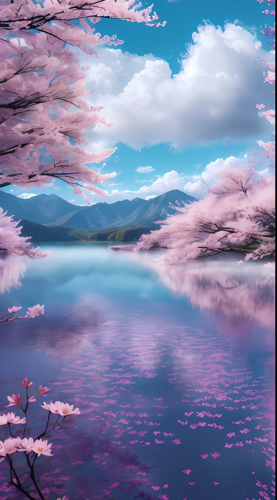 Mountains full of cherry blossoms There is a heart-shaped lake Blue sky White clouds Masterpiece (Best quality, Detailed details, Masterpiece, , 4K, Chiaroscuro,The photos are super realistic, Highly detailed Canon videography )