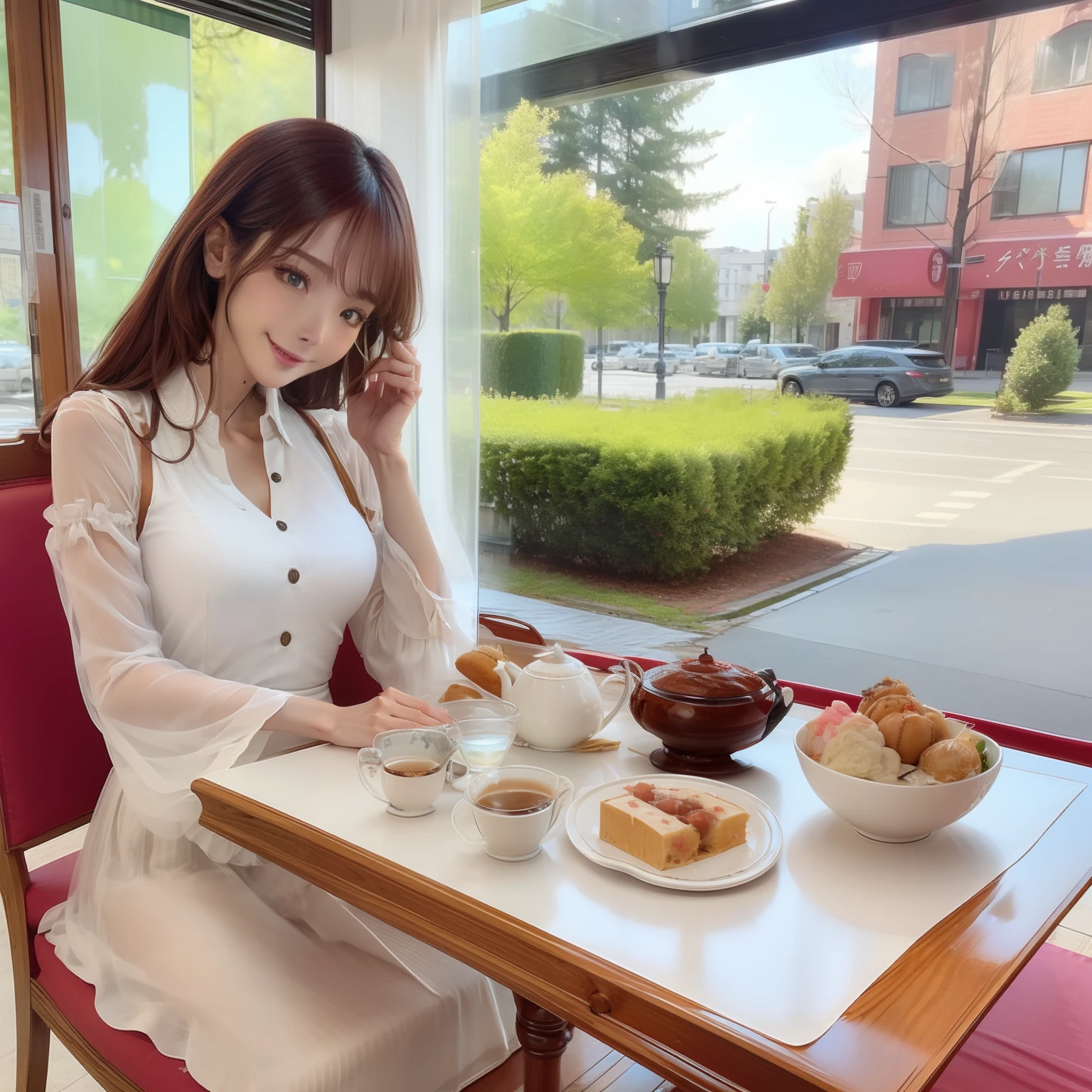 NSFW, (8k, best qualtiy, tmasterpiece:1.2), (realisticlying, photograph realistic:1.37), ultra - detailed, 1 rapariga, looking at viewe, adolable, Beautiful detailed sky, Detailed café, natta, sitted, dated, (nose blushing), sitting before a table, Table for afternoon tea, (ssmile:1.15), (Keep one's mouth shut) mediuml breasts, 美丽细致的眼睛, (collared shir:1.1), In the daytime, rays of sunshine, underdressing, Sateen, white lace chemise, (long whitr hair:1.4),Silver Nova frog style,校服,Fair skin,cinematric light,rays of sunshine,the street lights,(AV actress:4),Full-body image,(tea table:1),(carryng bag:1),ulzzang-6500-v1.1:0.3,karinak-4501-6300:1.2