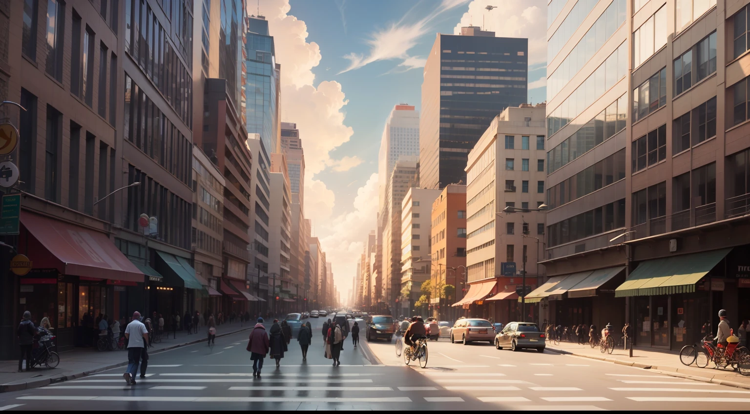 /imagine prompt: A bustling city street, people rushing by, vehicles passing, tall buildings lining the street, sunlight shining through the clouds onto the road,