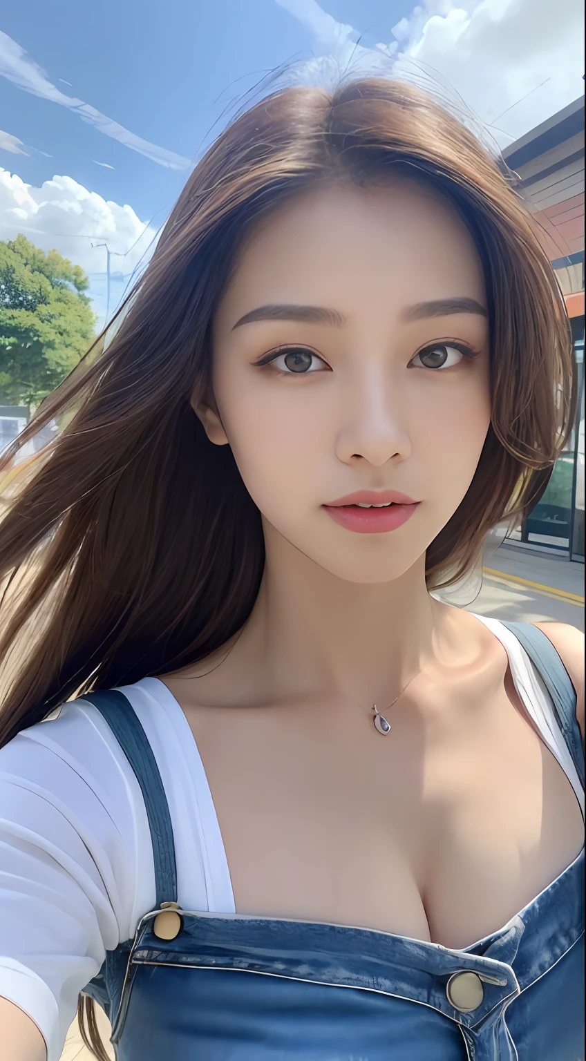 (Daytime, Excellent, 8K, Masterpiece:1.3)), Full body, Long legs, Focal length: 1.2, Perfect Body Beauty: 1.4, Slim Abs: 1.1, ((Dark Brown Hair, Big Breasts: 1.2 )), (White Skinny T-shirt, Denim Suspenders, Standing: 1.2), ((City, Blue Sky and White Clouds: 1.3)), Highly detailed face and skin texture, Detailed eyes, Double eyelids, Flying long hair