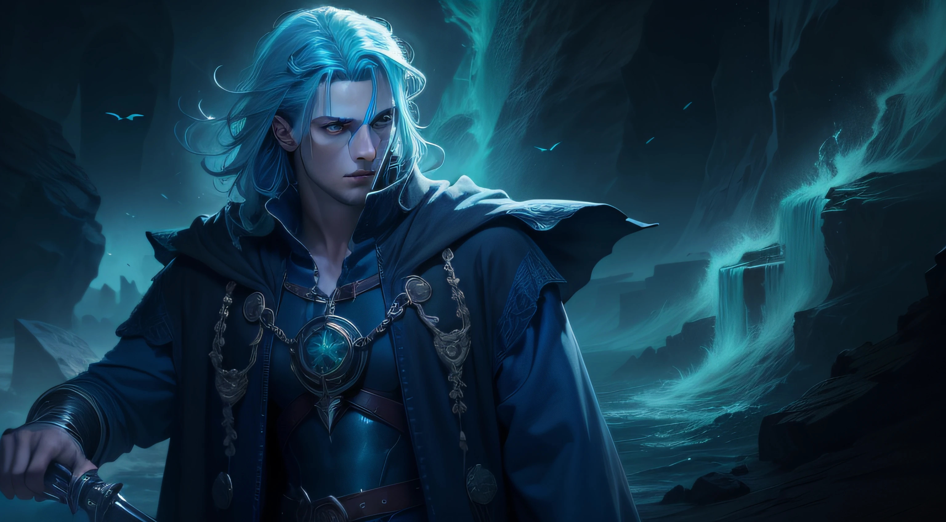 Dark Wizard Man wirh Blue hair and green eyes at atlantis