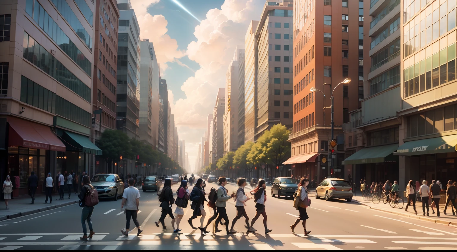 /imagine prompt: A bustling city street, people rushing by, vehicles passing, tall buildings lining the street, sunlight shining through the clouds onto the road,