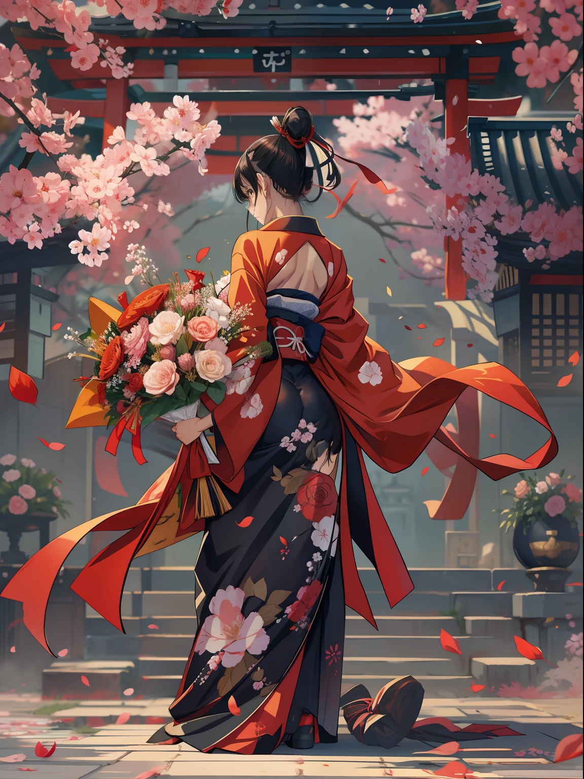 clearface,​master piece,hyper quality,Hyper Detailed,Perfect drawing,nffsw,in 8K,Soio、girl with,Samurai attire、samurais、Kimono, Black hair, Ponytail, Red Ribbon, Kimono, Standing Pose, ((Wrapping a large bouquet))、butt sticks out, Red loincloth(T back)、 Hem fluttering in the wind,