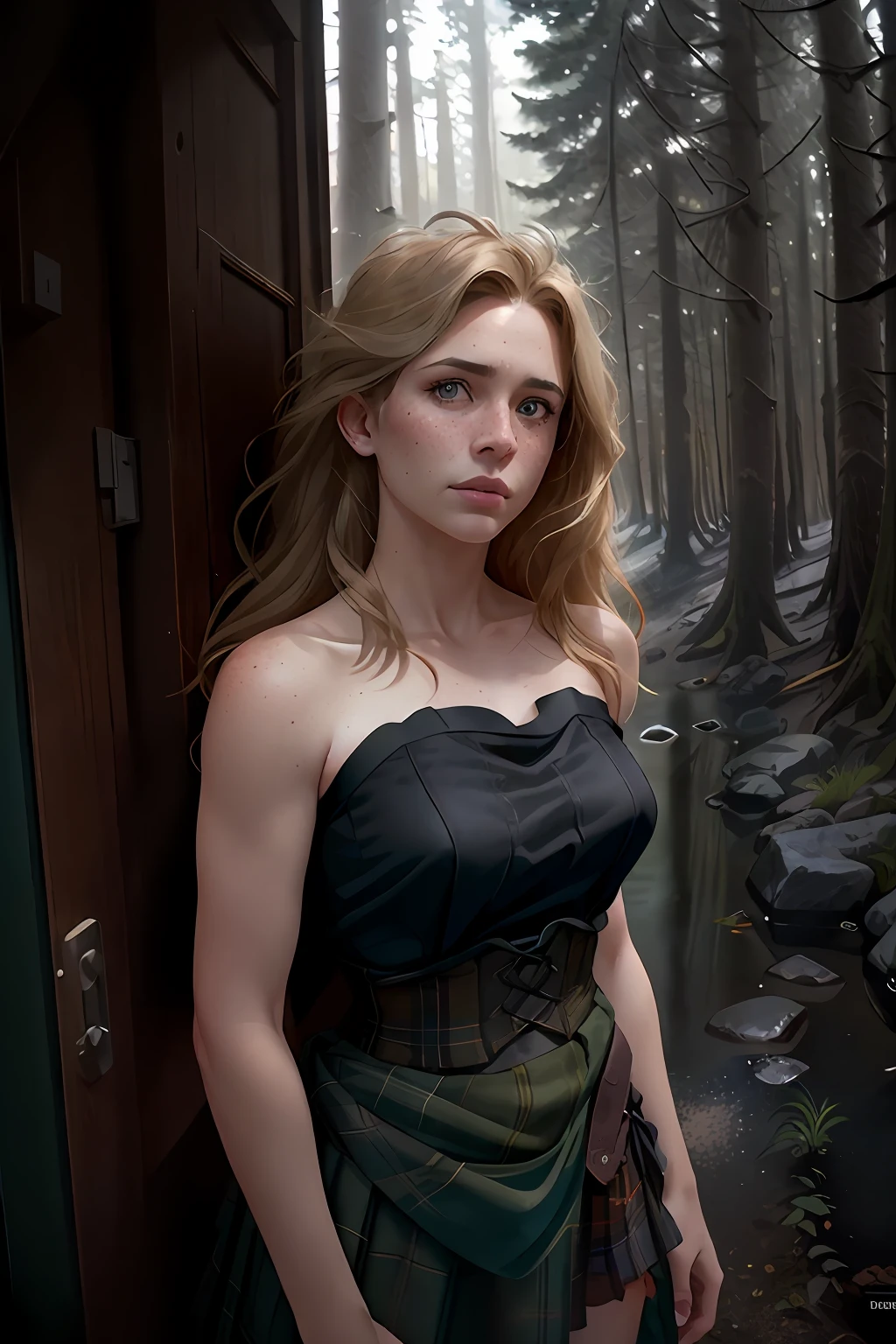 deep shadow, sinister, award winning photo, best quality, masterpiece, upper body, woman, freckled face, windblown blonde hair, emerald eyes, modern strapless dress by Jeremy Lipking, by Antonio J. Manzanedo, by lee jeffries nikon d850 film stock photograph 4 kodak portra 400 camera f1.6 lens rich colors hyper realistic lifelike texture dramatic lighting unreal engine trending on artstation cinestill 800, fisheye lens, Style-Kilt, windy beach, scottish loch, forest
